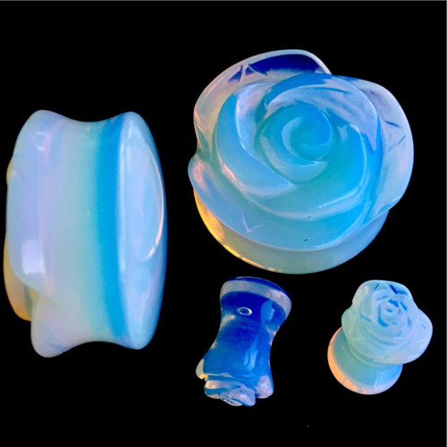 Hand Carved Rose Shape Opalite Ear Gauges Pair So Scene