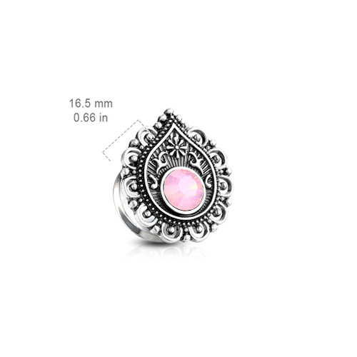 Pink Opalite Stone Centered Tear Drop Filigree Front 316L Surgical Steel Double Flared Tunnels