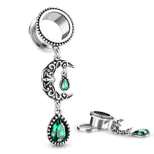 Filigree Moon With Emerald Green Stone Set Pear Dangle 316l Surgical Steel Flesh Tunnel Plugs So Scene