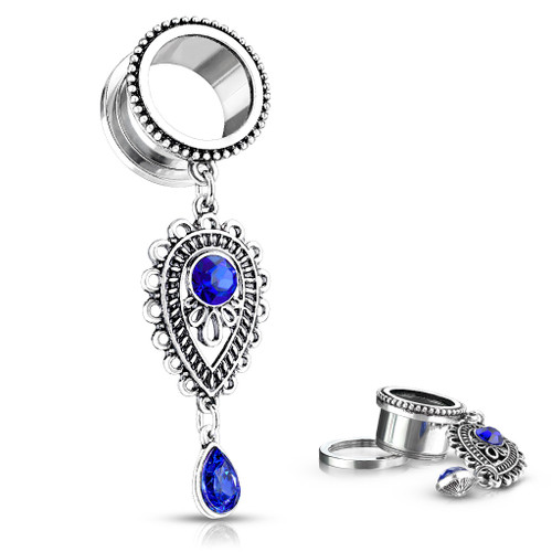 Sapphire Blue Stone Set Tear Drop Charms Dangle 316l Surgical Steel Screw Fit Flesh Tunnel Plugs So Scene