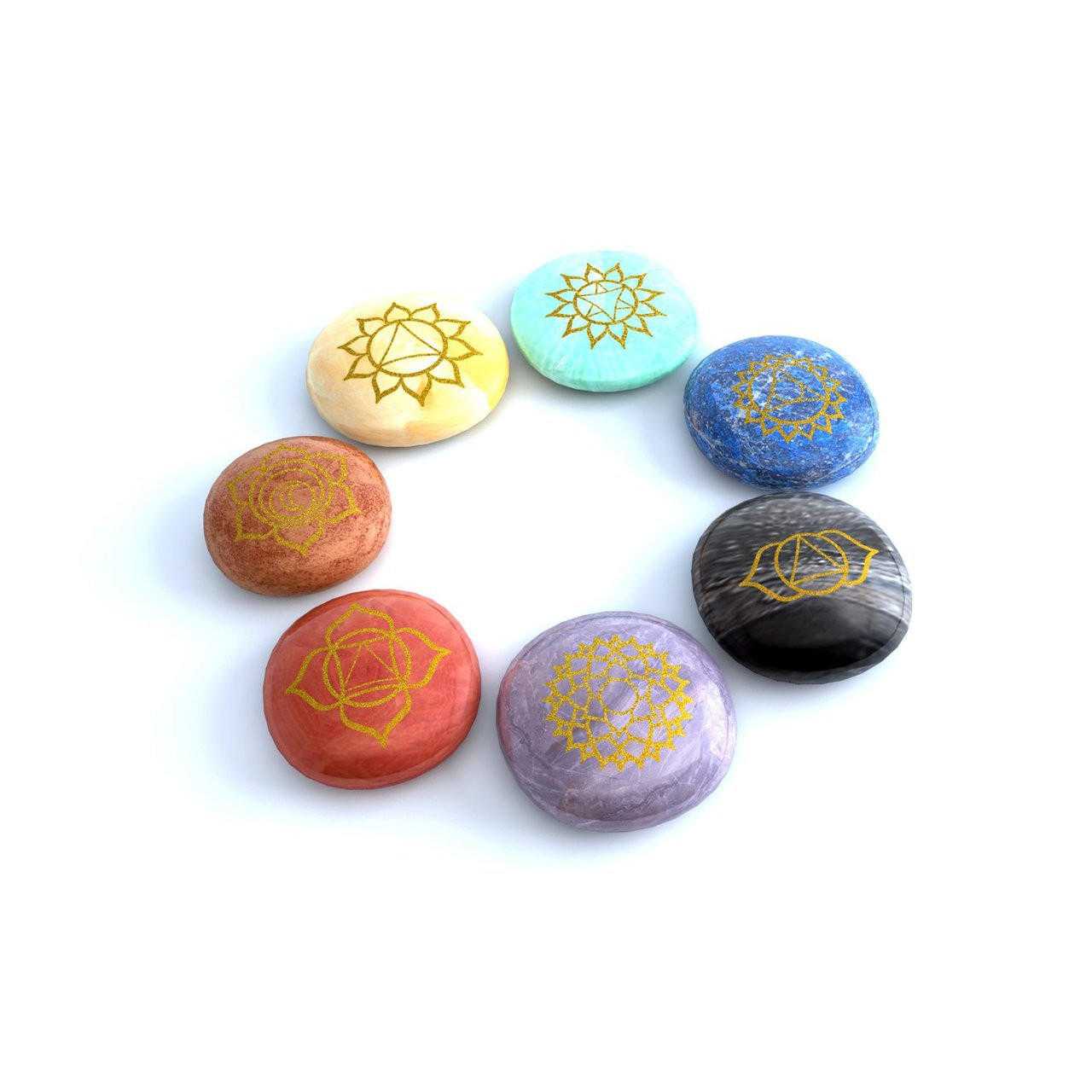 7 Chakras engraved Round stones set. Gemstones Products VD Importers Inc.