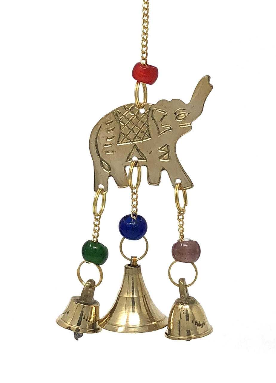 Vintage Good Luck Ten Elephant Carousel Hand Painted Brass Bell Beaded Wind Chime main image 1