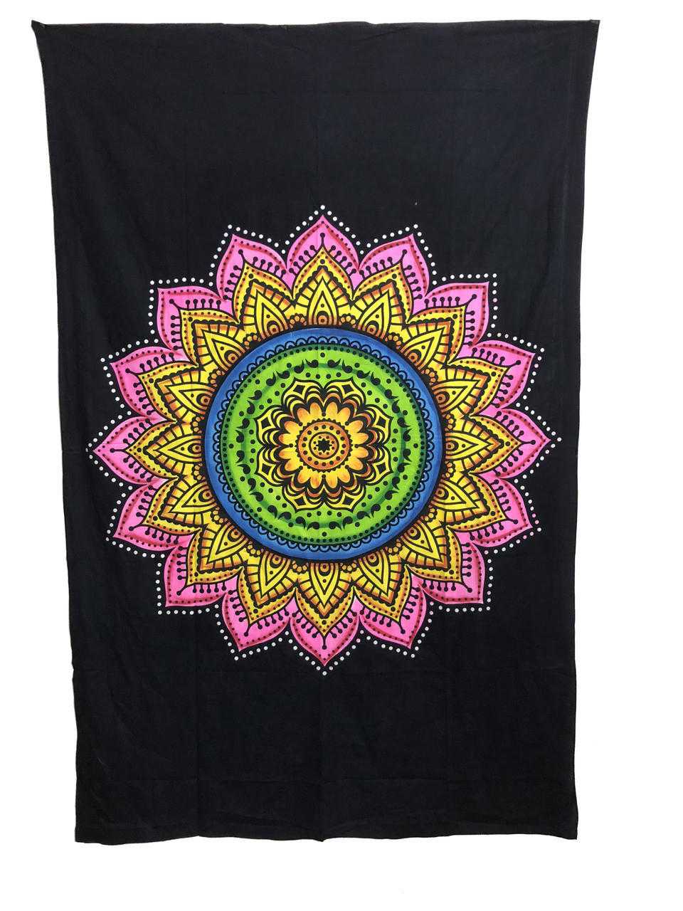 Indian Cotton Tapestry Lotus Multicolored on Black (135 x 220 cm) Shop VD Importers Inc.