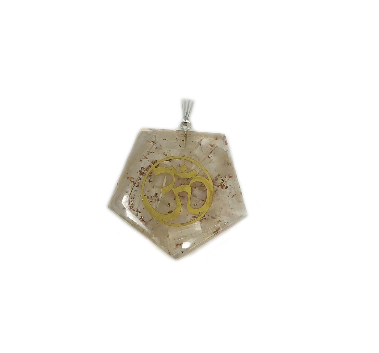 OM pentagon Selenite Orgone Energy Pendant 1.5" Gemstones Products VD Importers Inc.