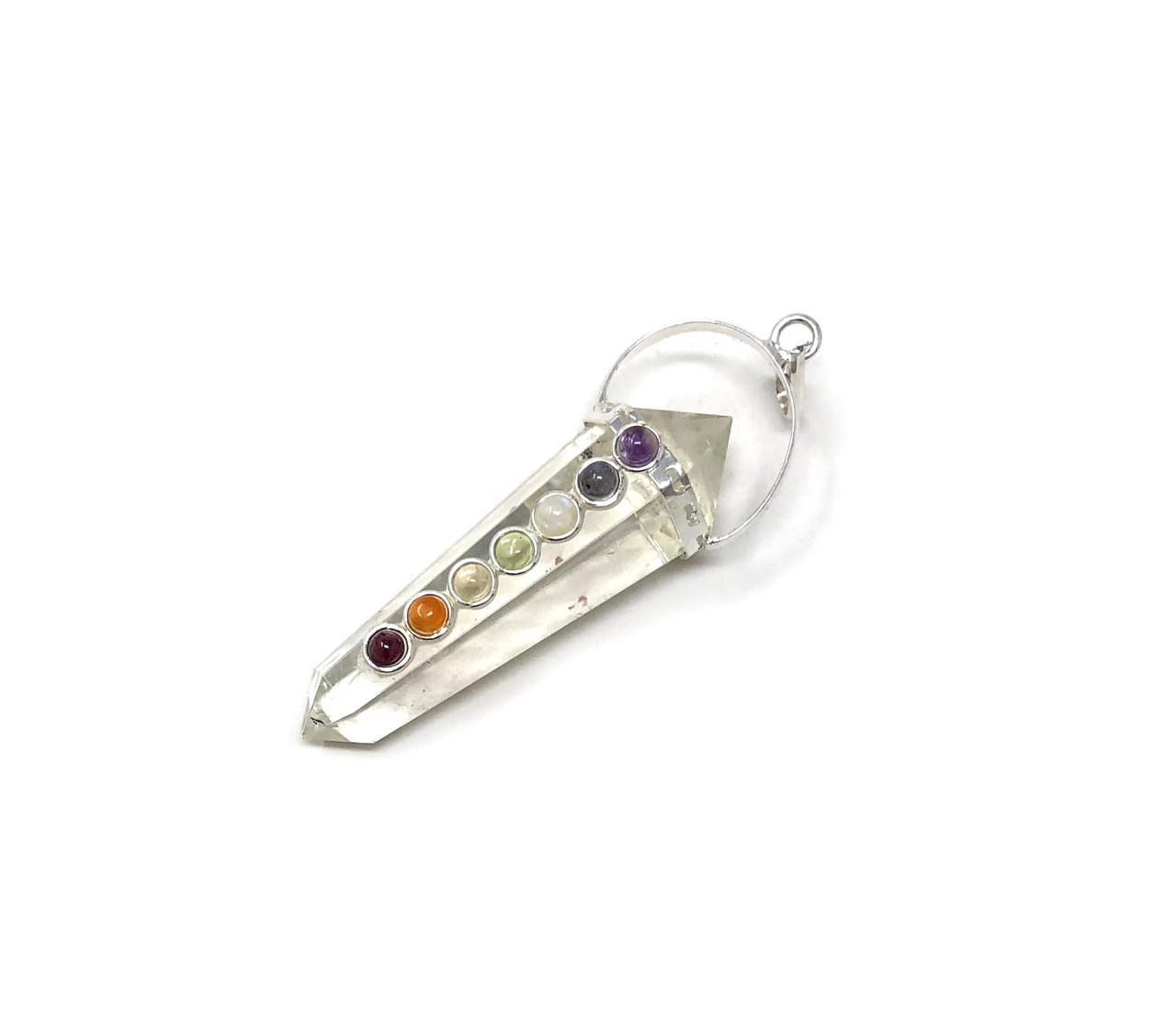 Double point 7 chakras pencil pendant Clear Quartz Gemstones Products VD Importers Inc.