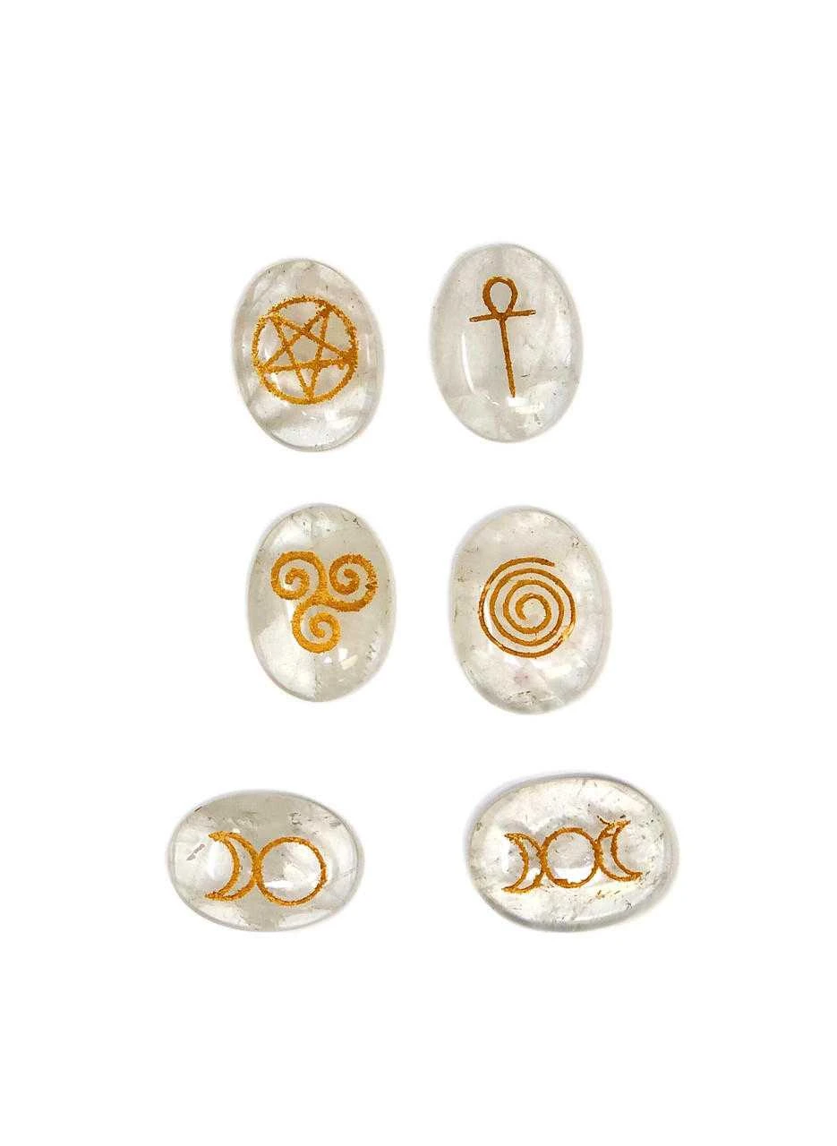 Crystal Quartz Worry Stones with Wicca symbols (set of 6)
