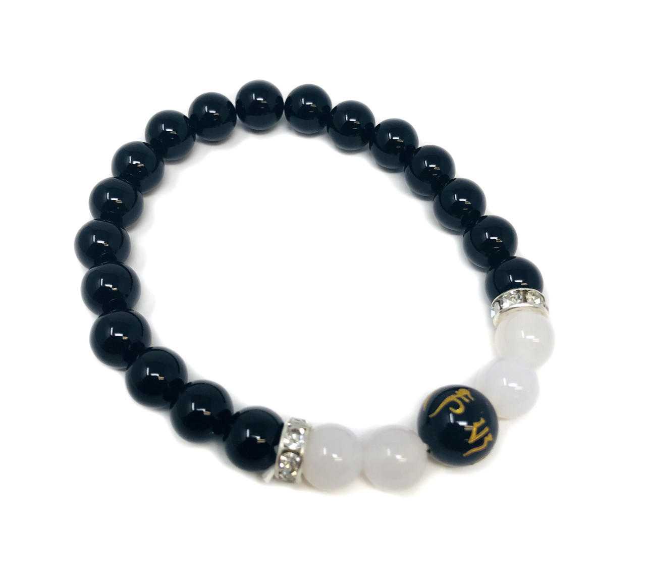 #54 Black Obsidian + White OM Mani Bead Bracelet U58 Shop VD Importers Inc.