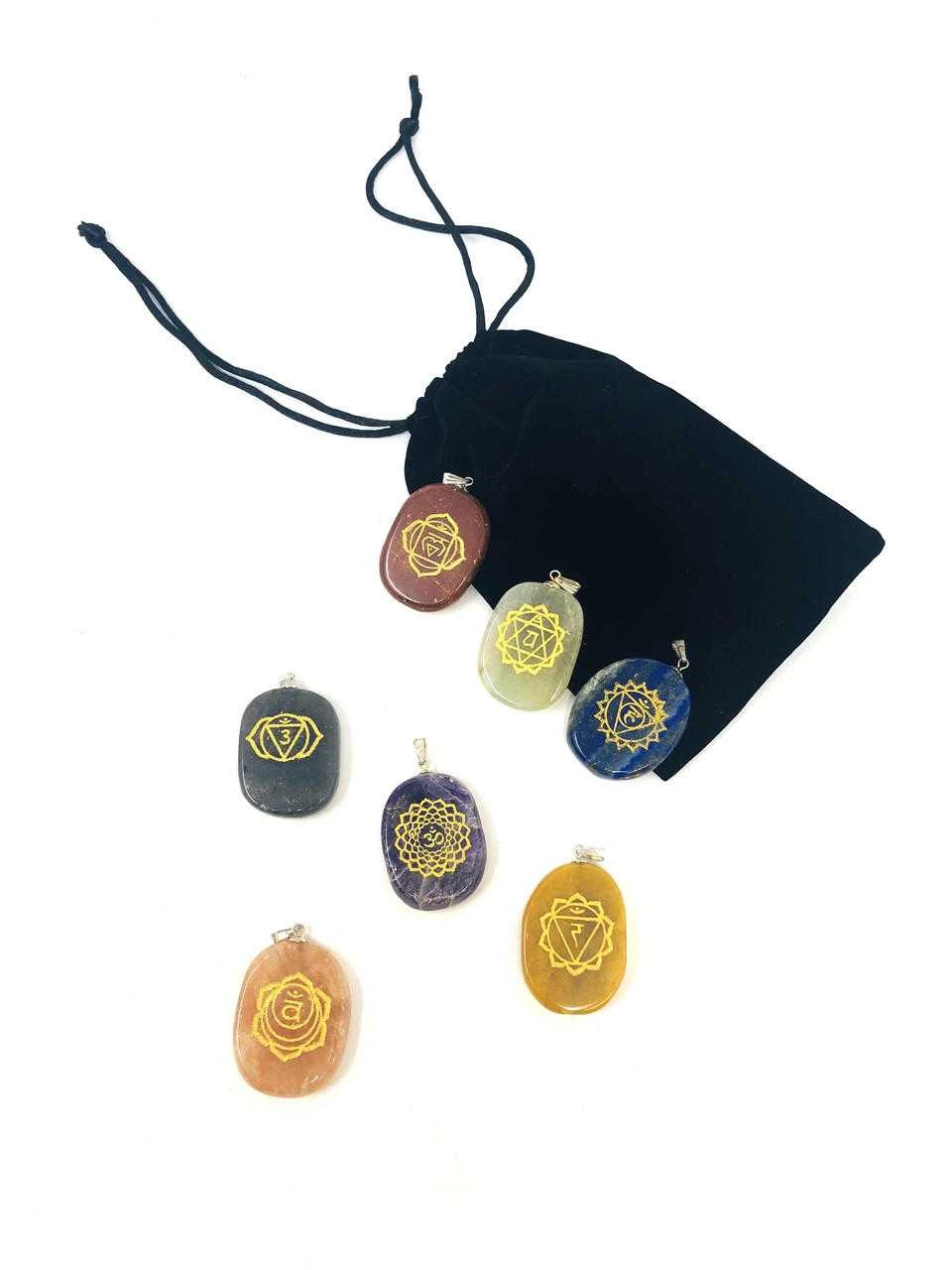 Engraved Palm stone 7 Chakra pendant set in Velvet Pouch SET#1 
