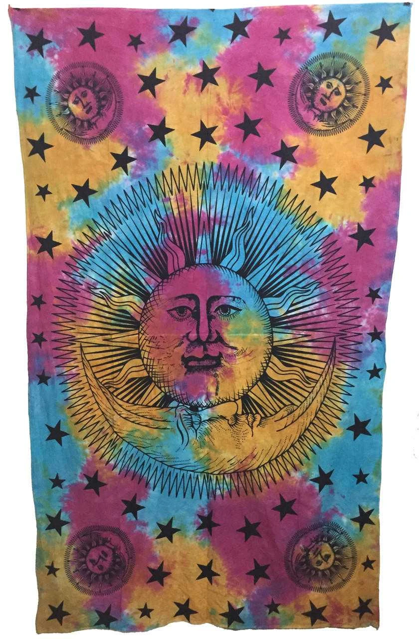 Indian Cotton Tapestry Tie & Dye, Sun Moon Stars (135 x 220 cm) (vertical)
