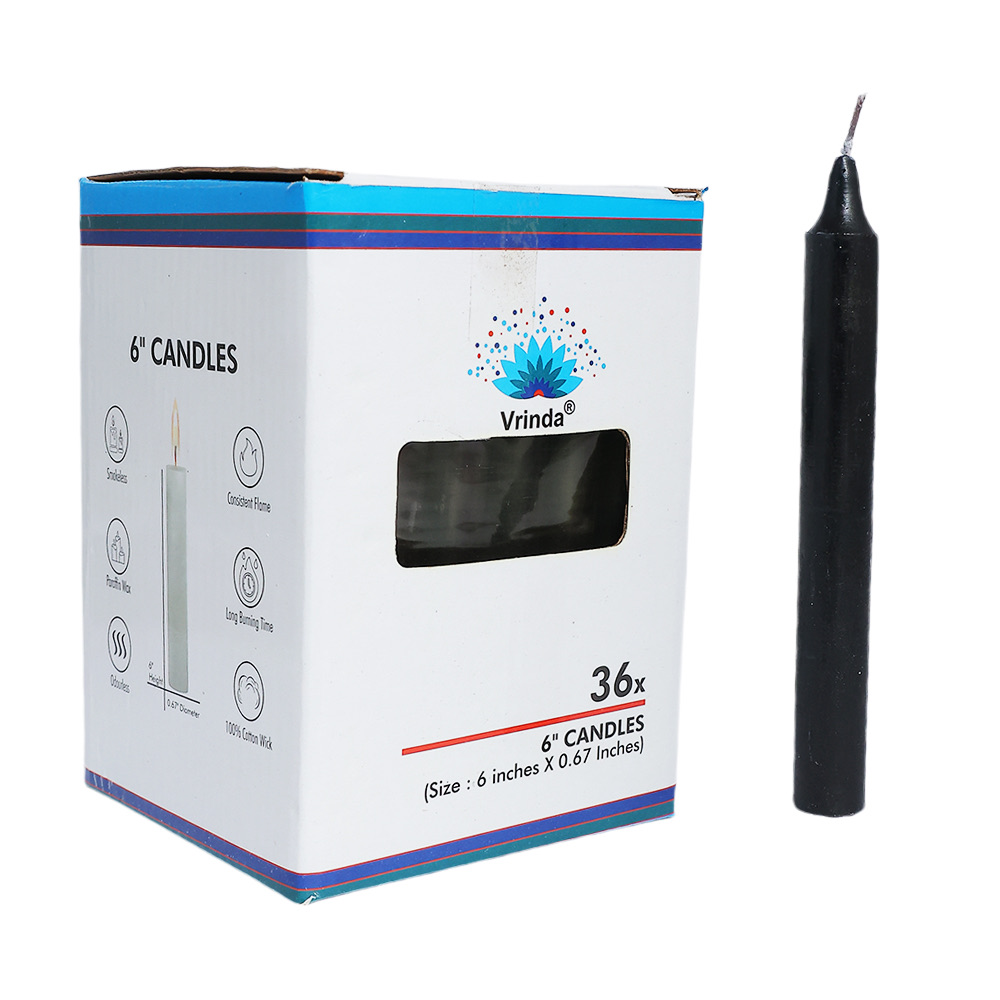 6" Taper Candles (36 in a pack)Black Vrinda ® VD Importers Inc.