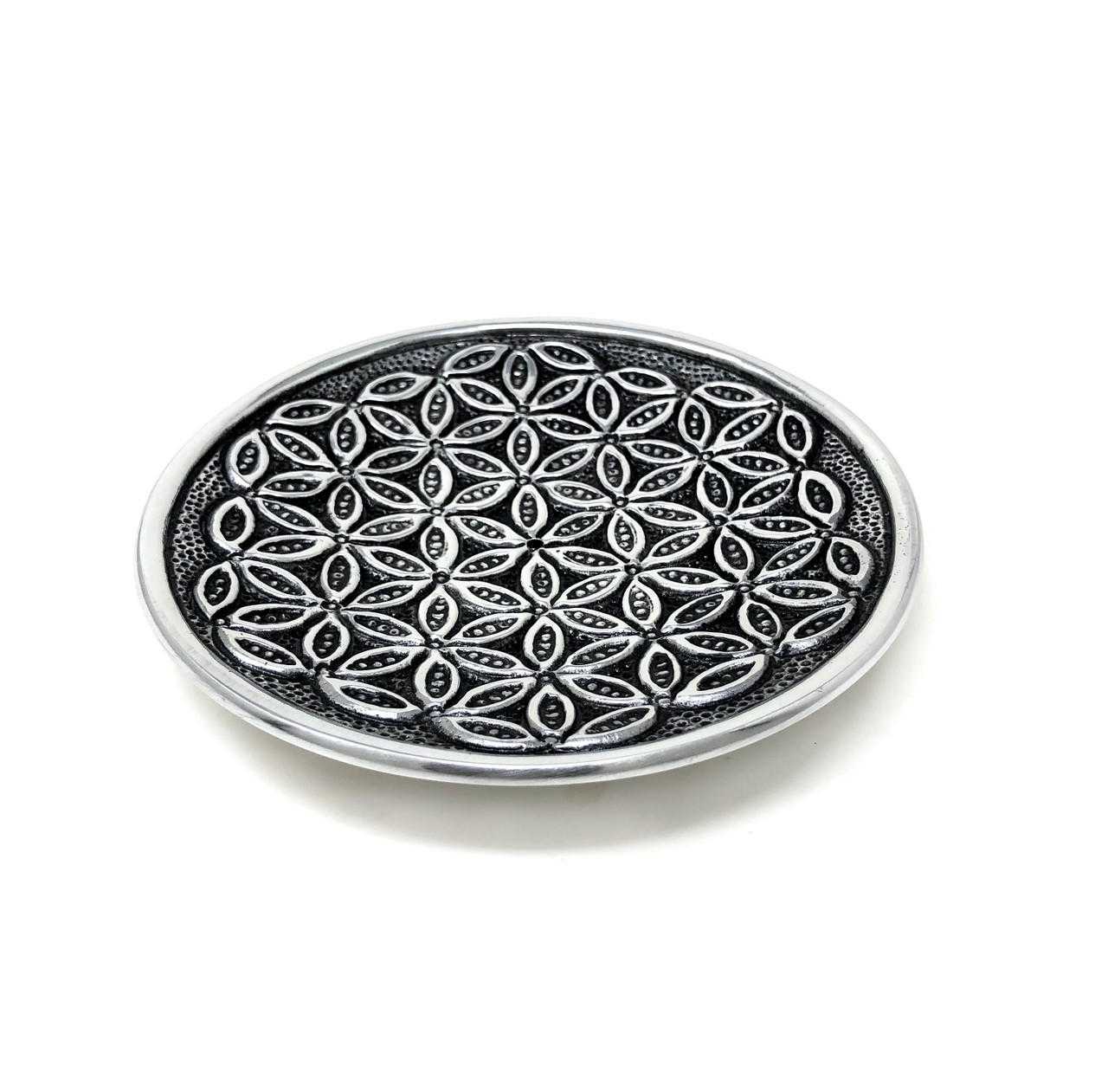 Aluminum Incense Holder / Burner Round, Flower of Life, approx. 4.5 inches
