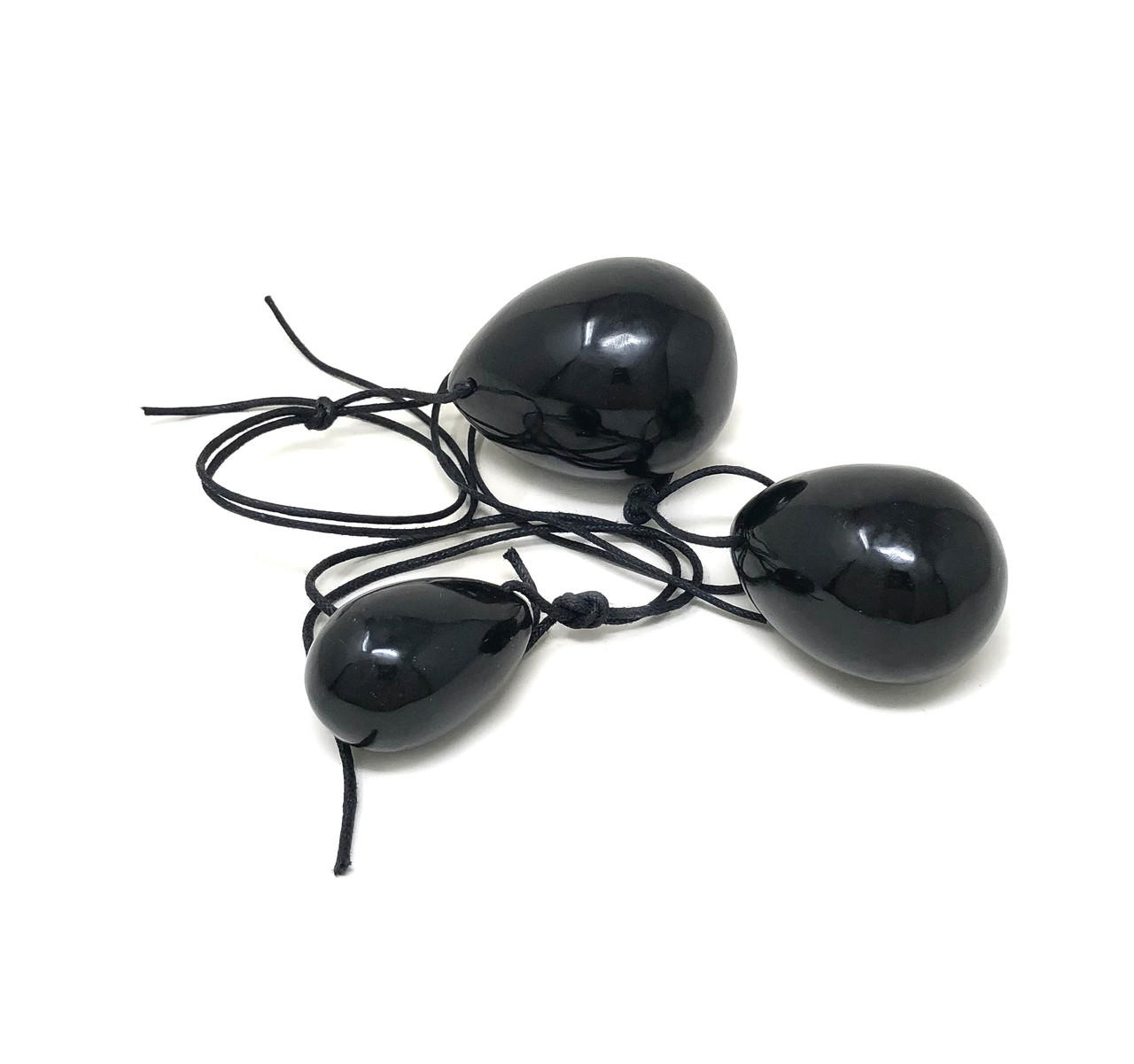 Black Obsidian Eggs set of 3 with hole & thread (30-60mm)