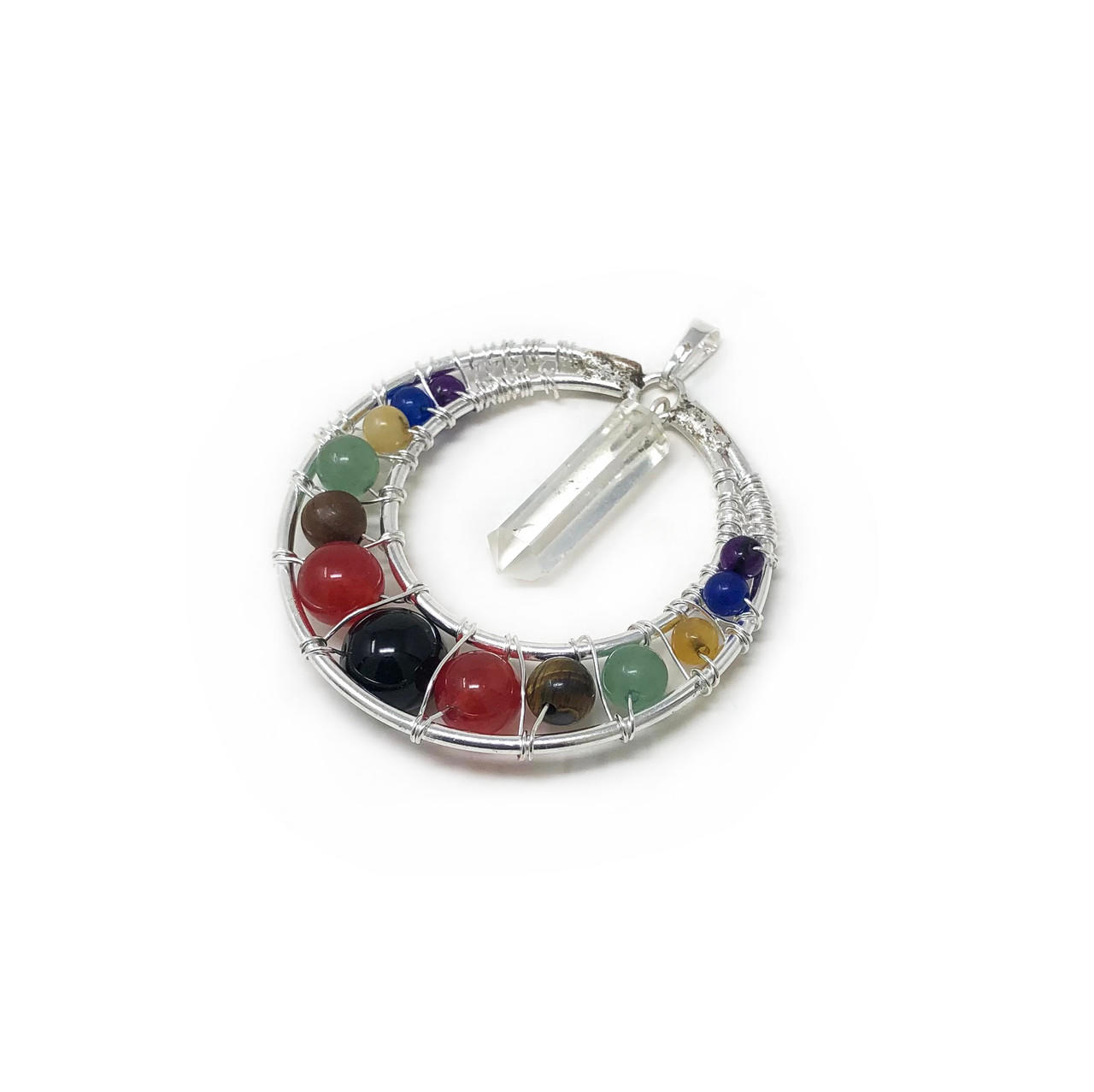 Pendant 7 chakra beads with Crystal Quartz Pencil in Metal, approx. 1.5"