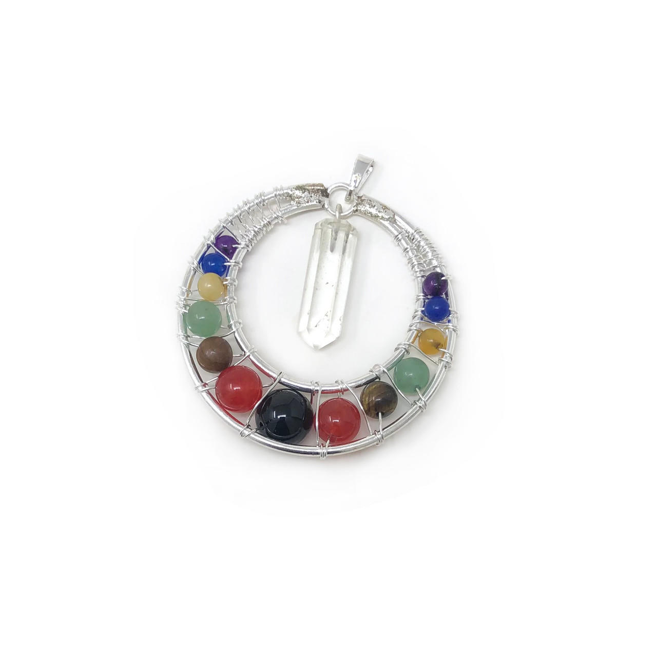 Pendant 7 chakra beads with Crystal Quartz Pencil in Metal, approx. 1.5" Gemstones Products VD Importers Inc.