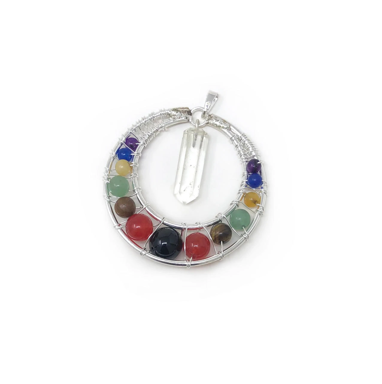 Pendant 7 chakra beads with Crystal Quartz Pencil in Metal, approx. 1.5"