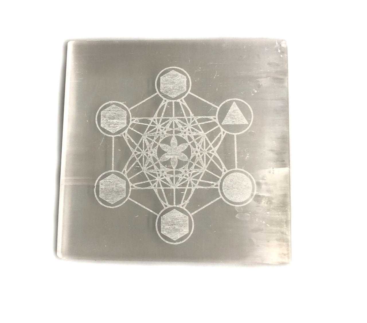 Selenite Square Plate Engraved Metatron approx. 3" Gemstones Products VD Importers Inc.