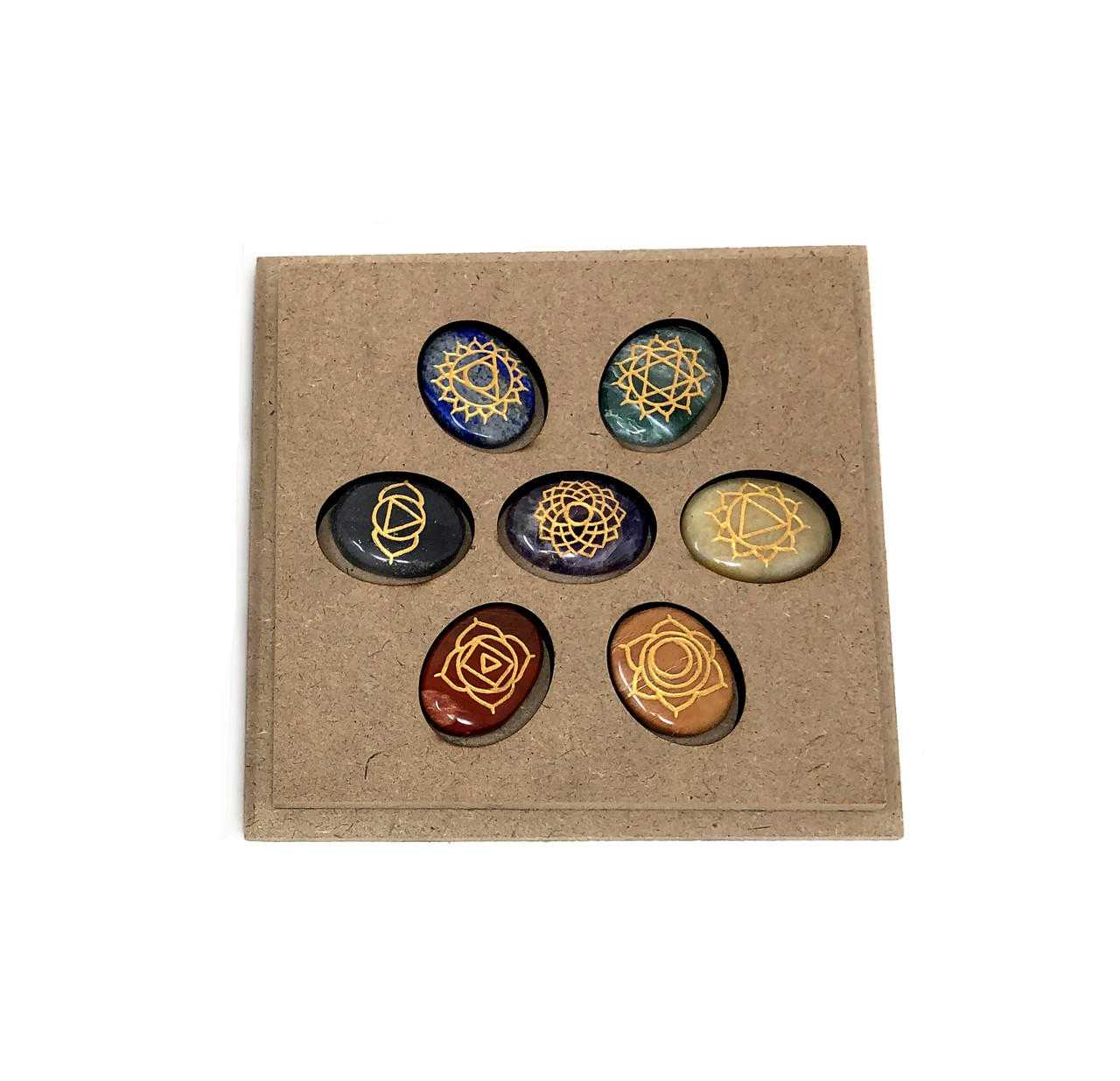 7 Chakra Reiki set in 7 Chakra Wooden Box, engraved palm stone