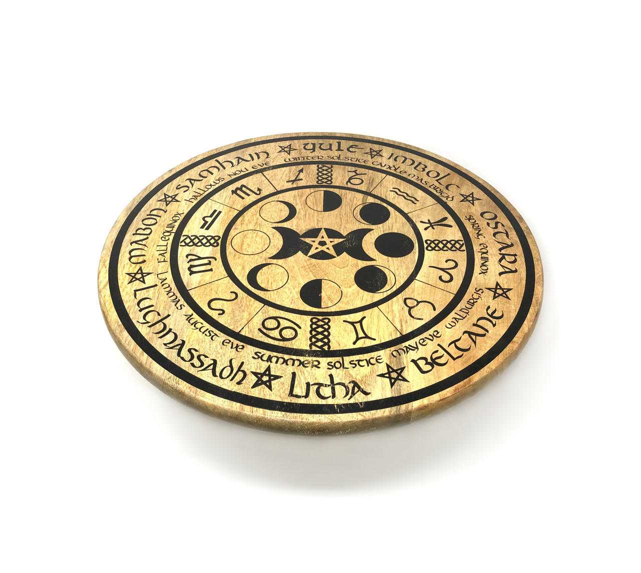 Wooden Altar Table, Phases of Moon approx. 18" diameter, Foldable Vrinda ® Shop VD Importers Inc.
