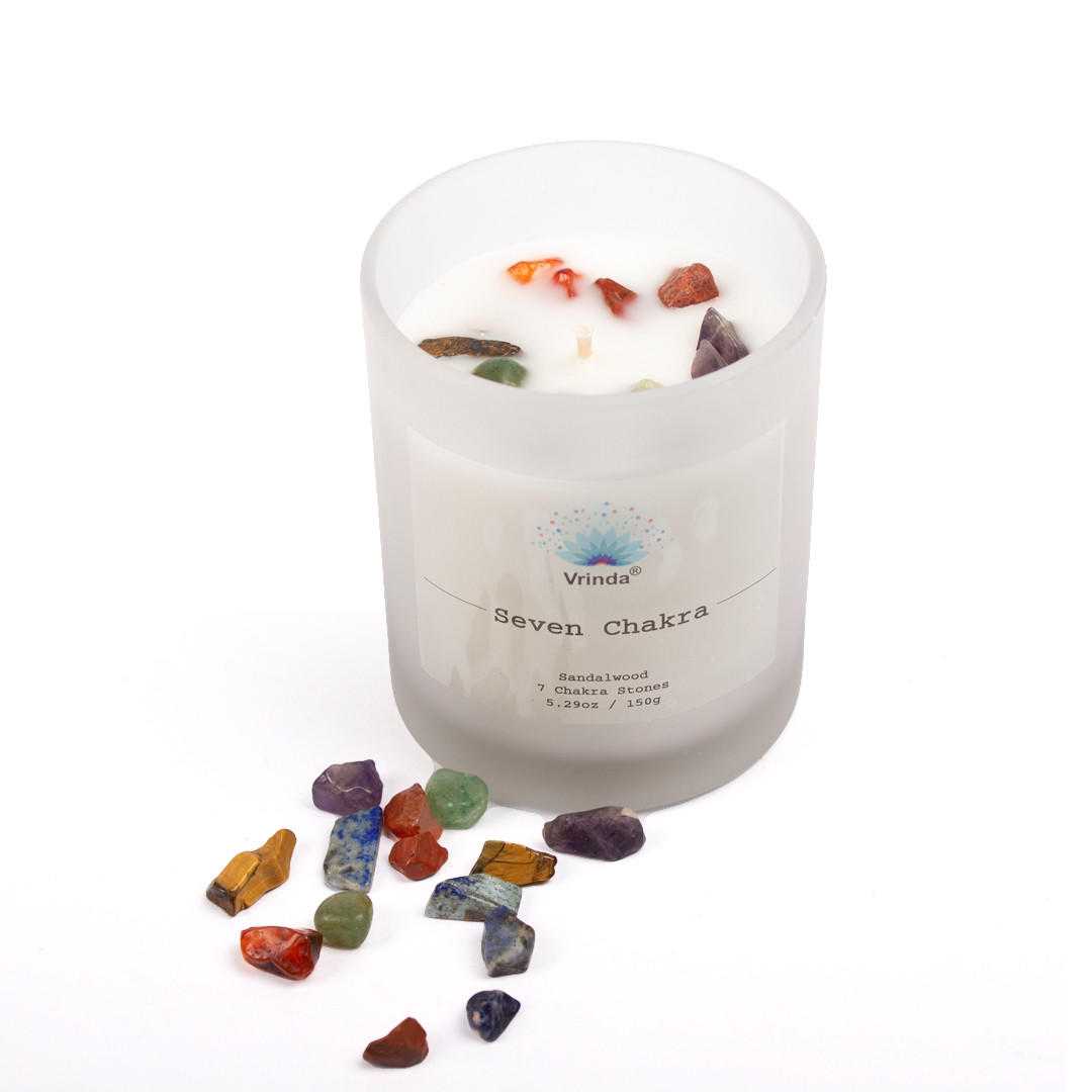 7 Chakra Scented glass candle with Crystals, Soy Blend (5.29oz)
