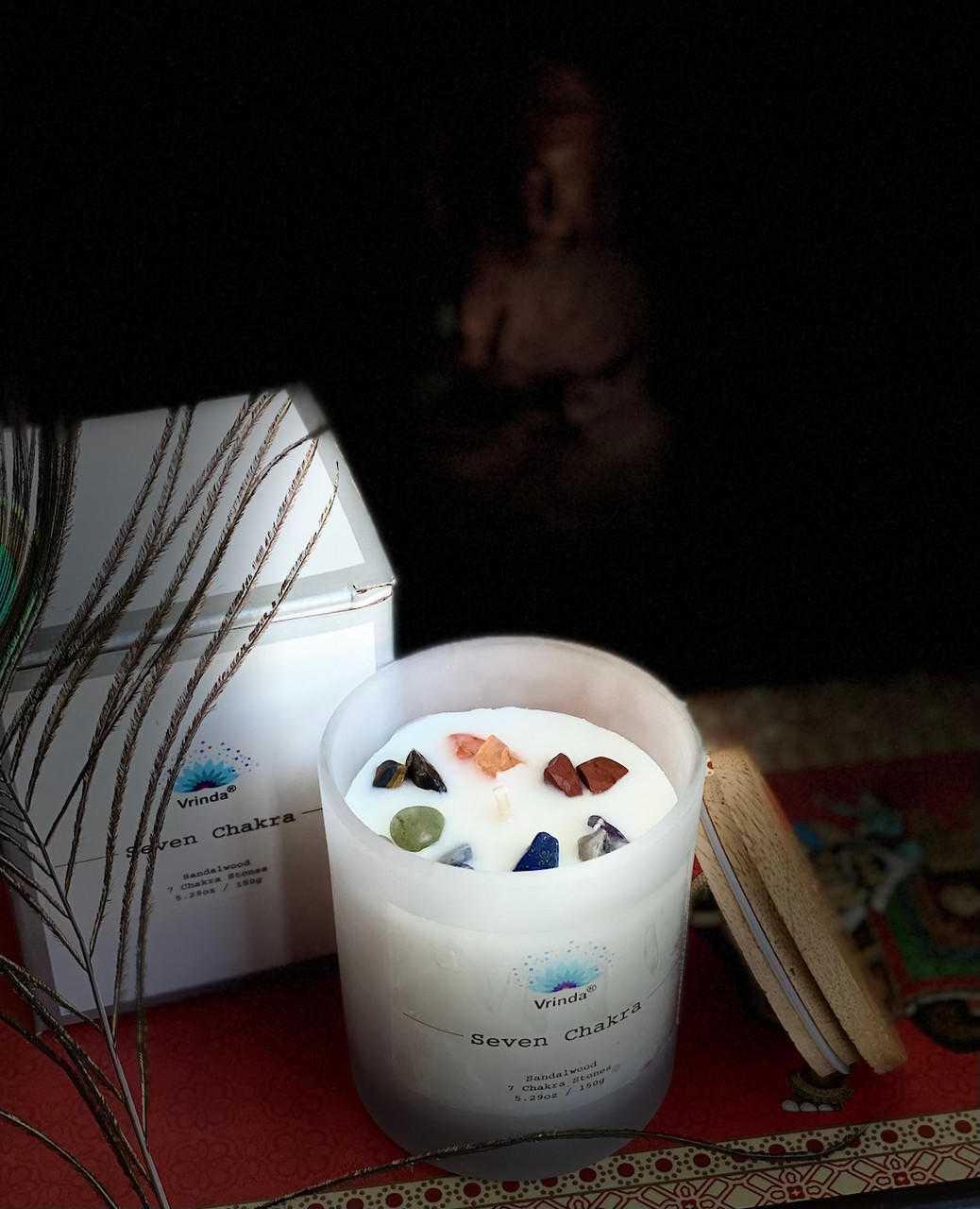 7 Chakra Scented glass candle with Crystals, Soy Blend (5.29oz)