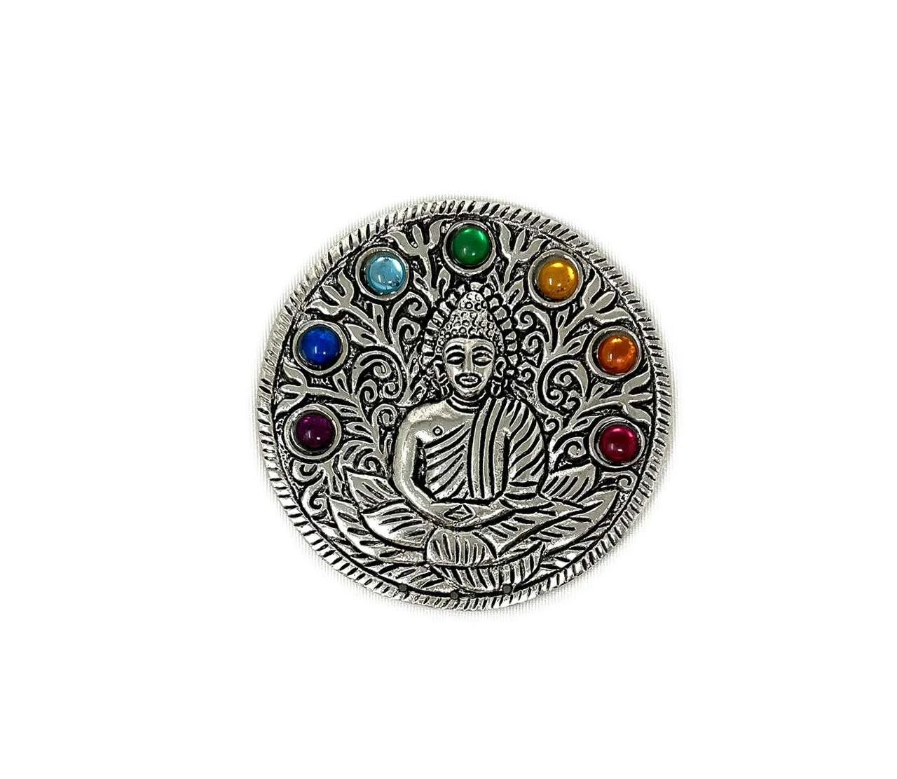 Aluminum Incense burner Round, Buddha w/7 Chakra Stones