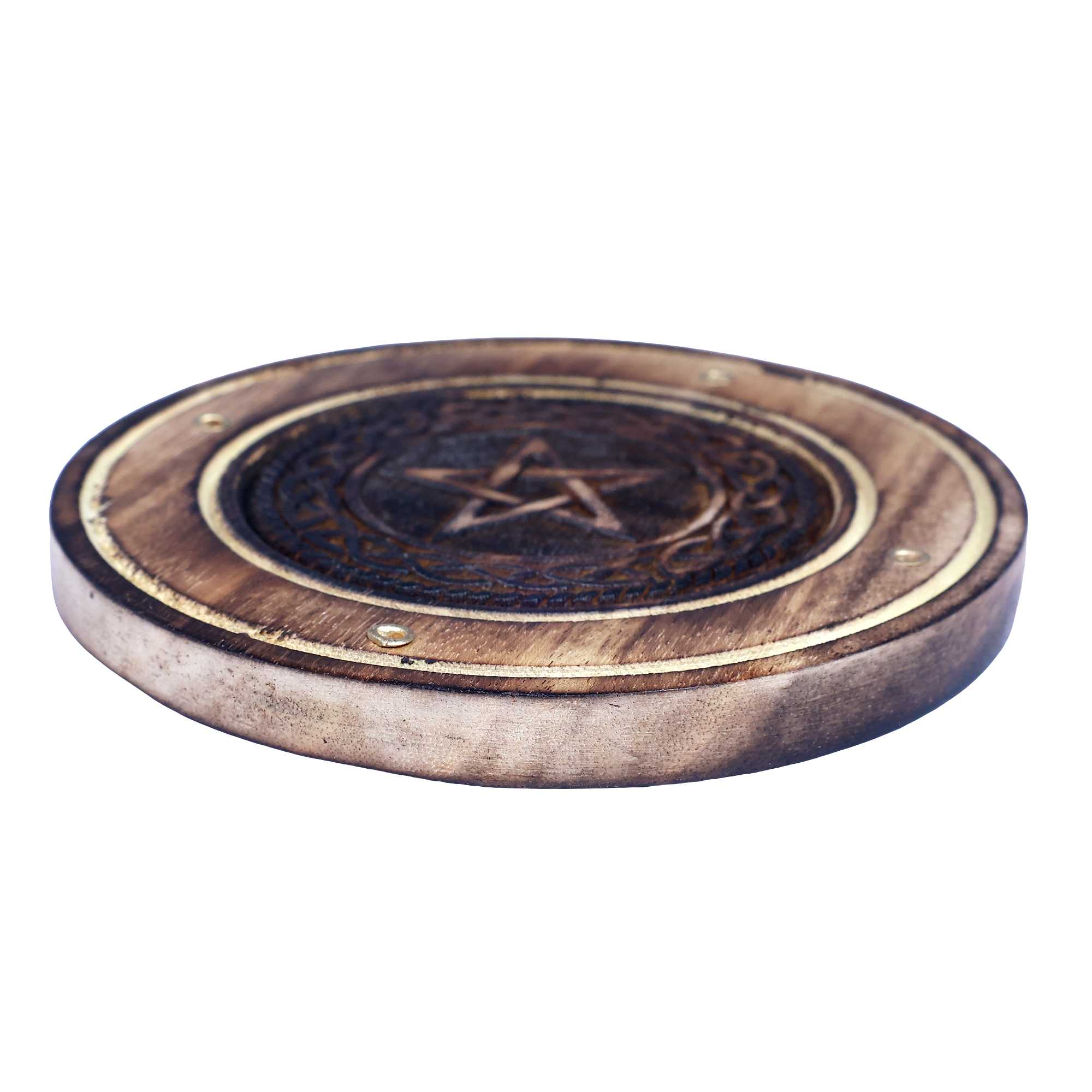 Wood Round Incense burner (Etching) Pentacle 4"