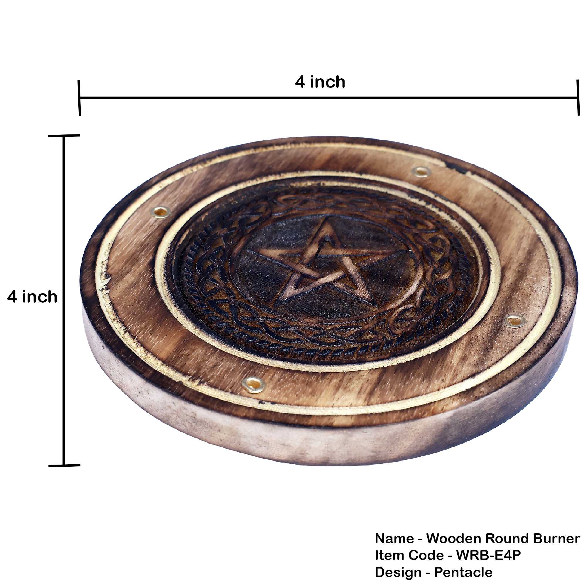 Wood Round Incense burner (Etching) Pentacle 4"