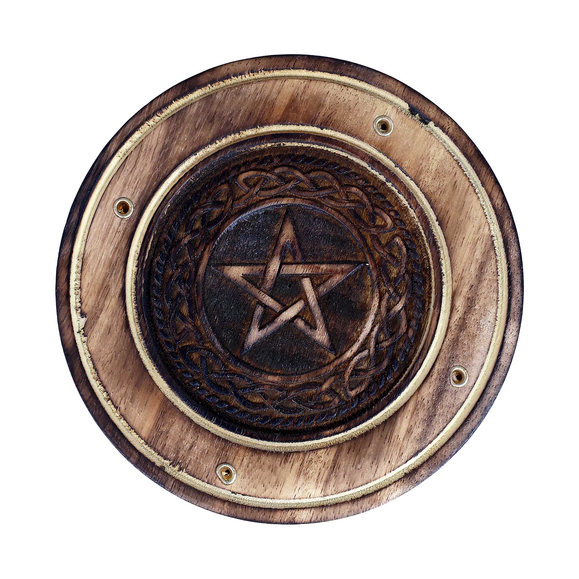 Wood Round Incense burner (Etching) Pentacle 4"