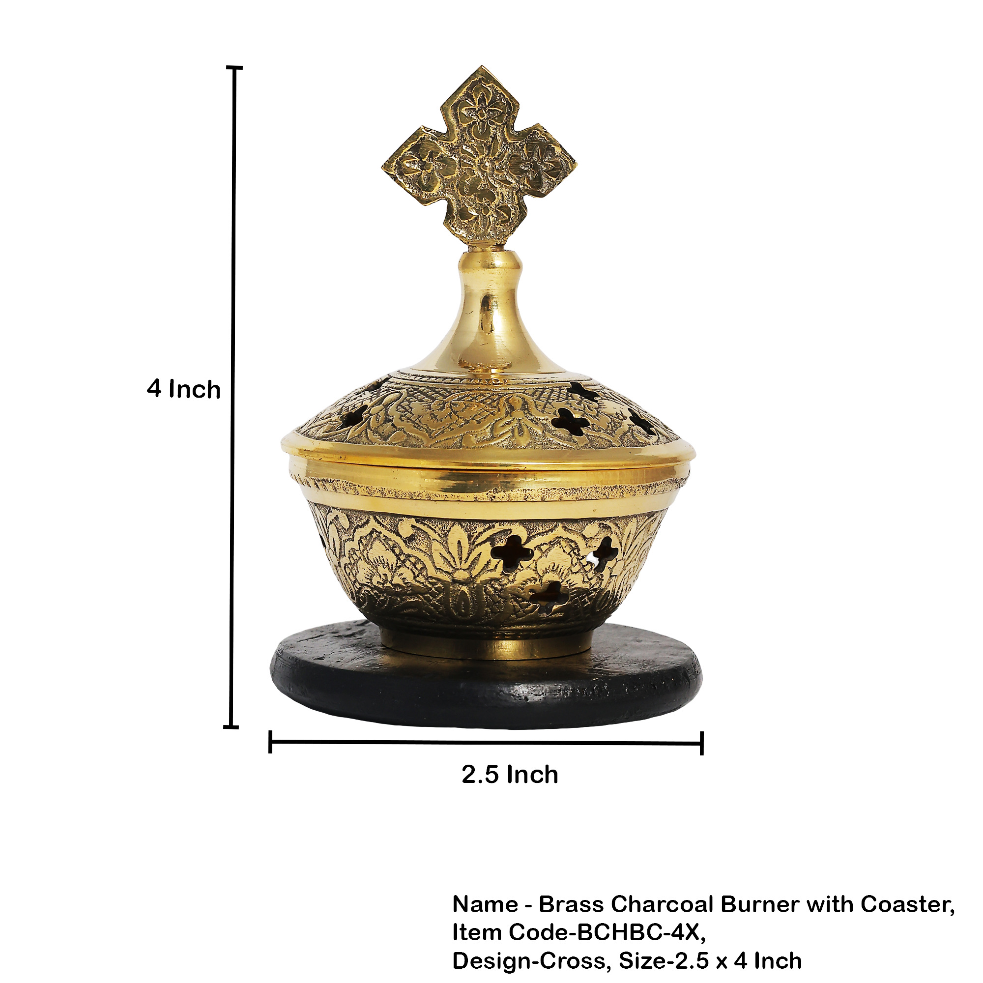 Cross charcoal Incense burner Brass w/ wood coaster