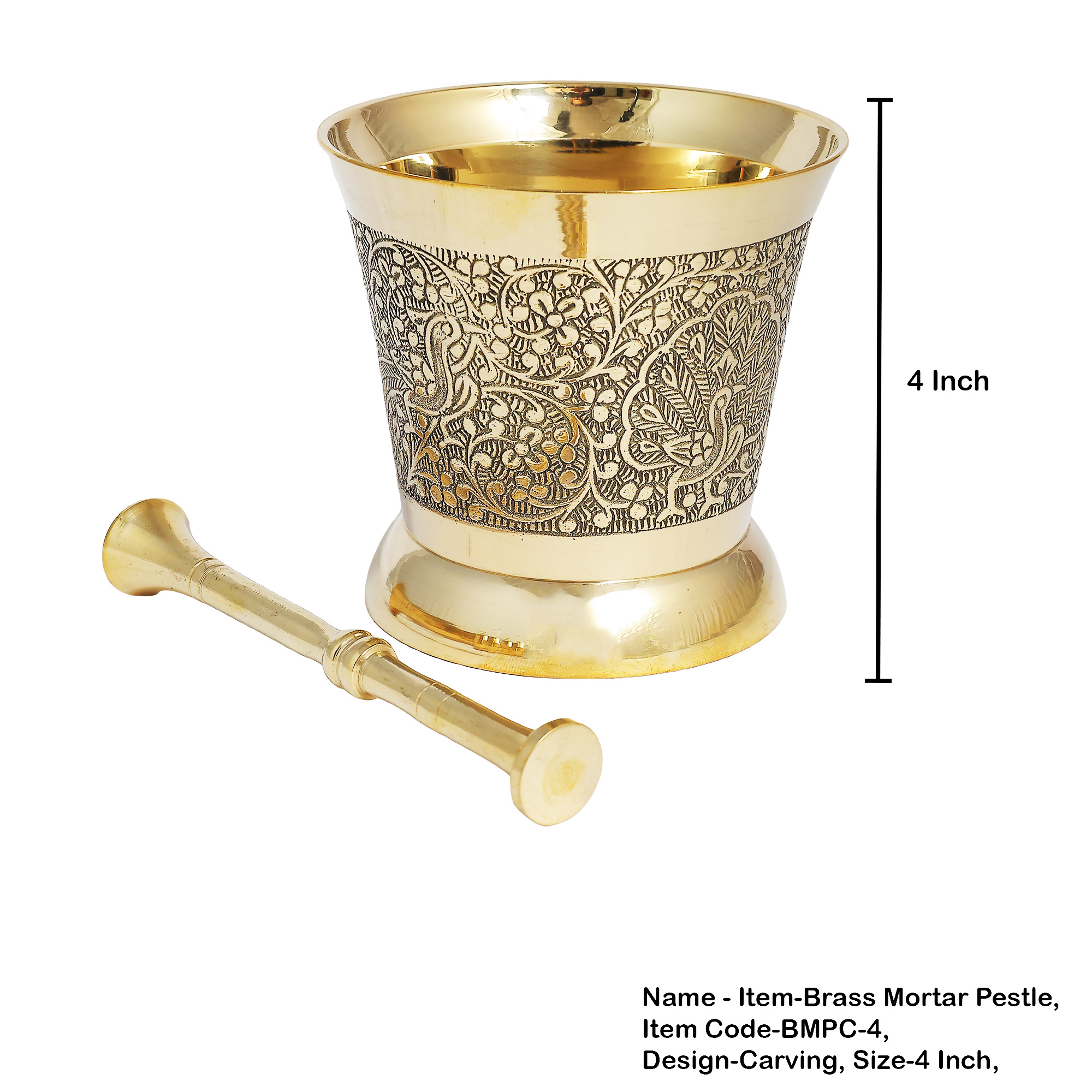 Brass Mortar Pestle set w/ carving 4"