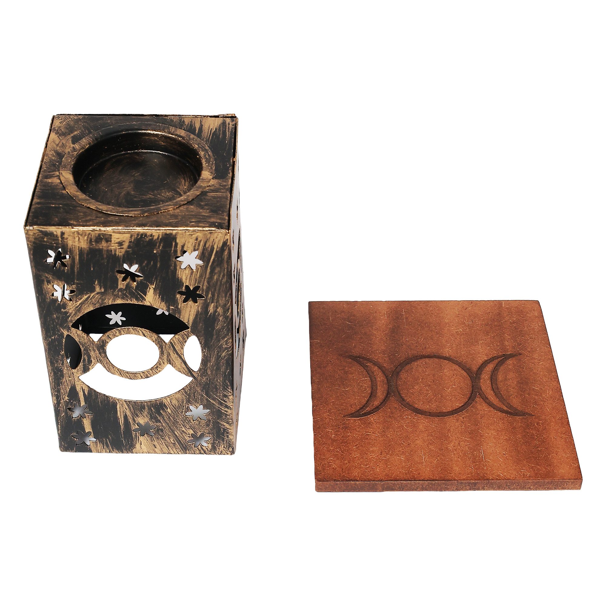 Metal Tea Light Holder w/ matching MDF base Triple Moon 4"