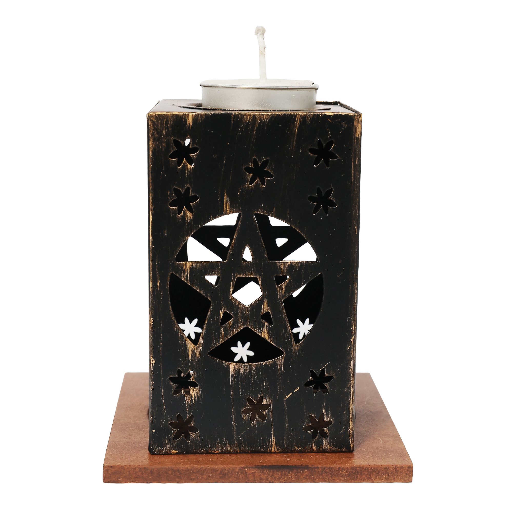 Metal Tea Light Holder w/ matching MDF base Pentacle 4"