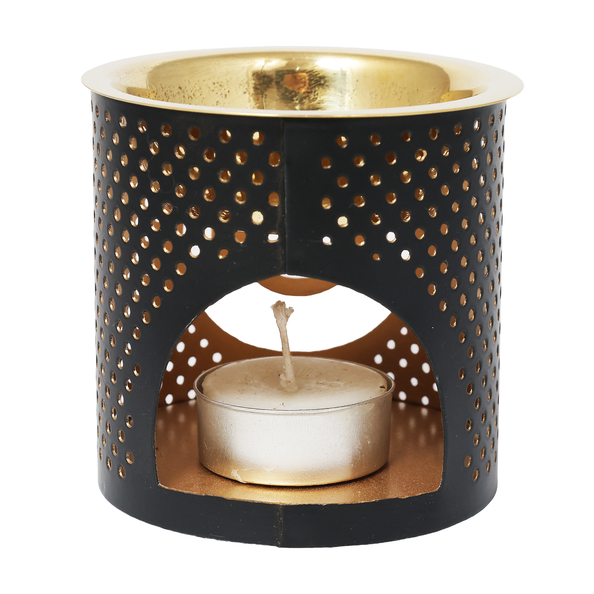 Metal Tea Light Holder & aroma Oil Burner Gold Blackw/ MDF base Triple Moon 3"