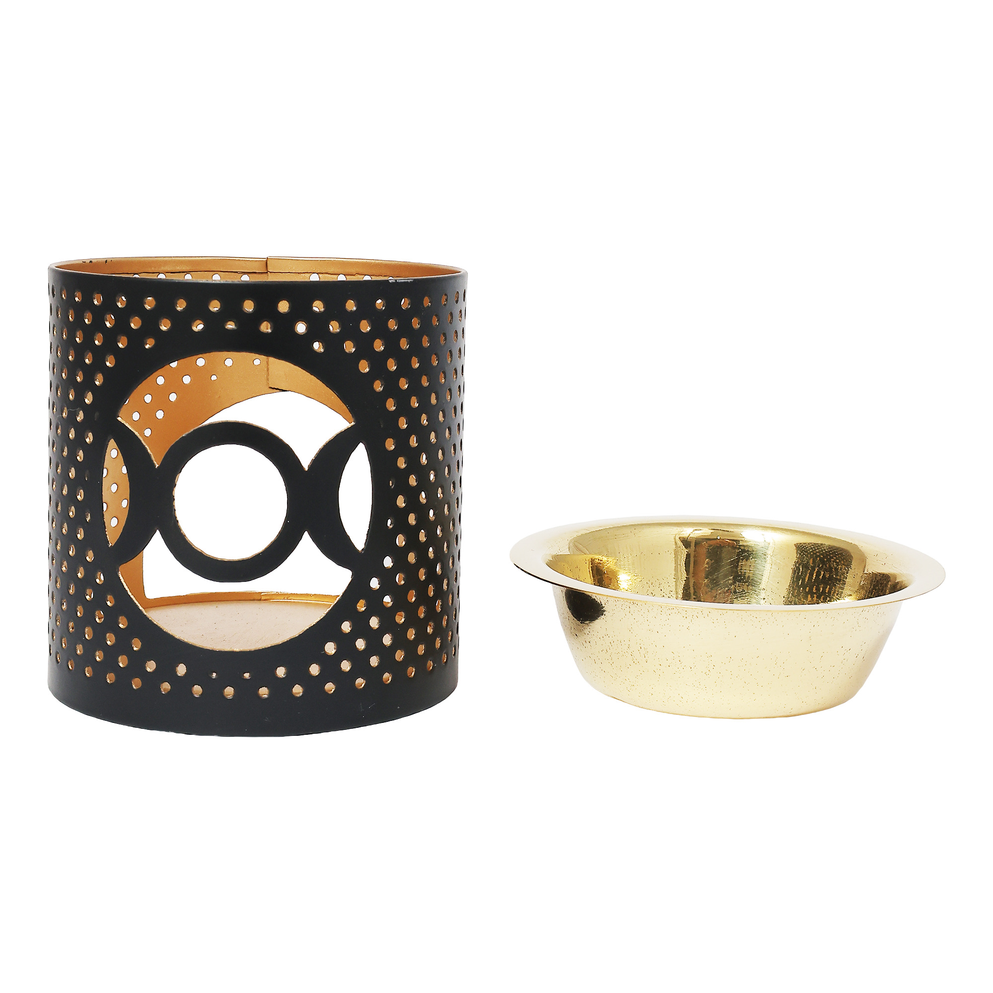 Metal Tea Light Holder & aroma Oil Burner Gold Blackw/ MDF base Triple Moon 3"