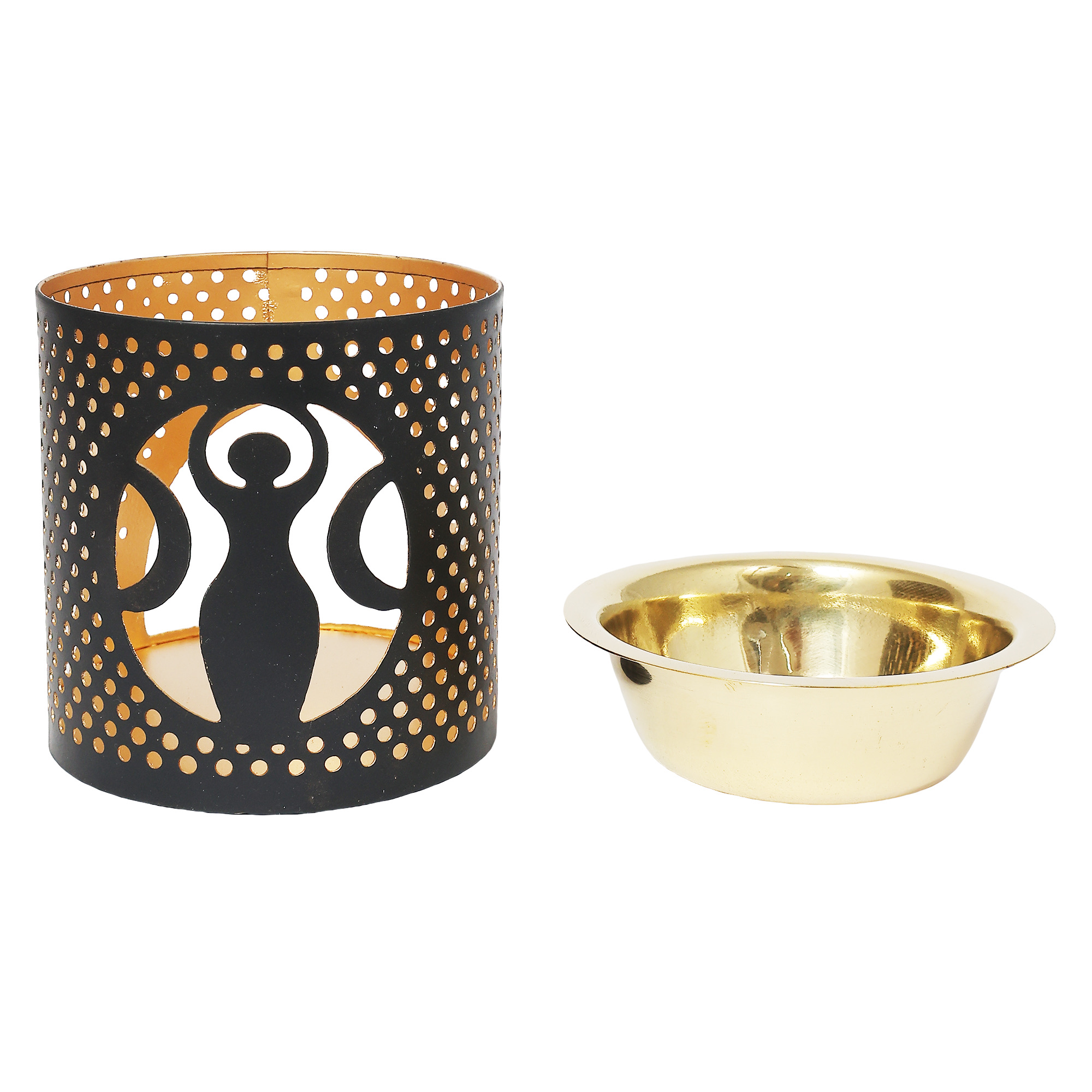 Metal Tea Light Holder & aroma Oil Burner Gold Black w/ MDF base Goddess 3"