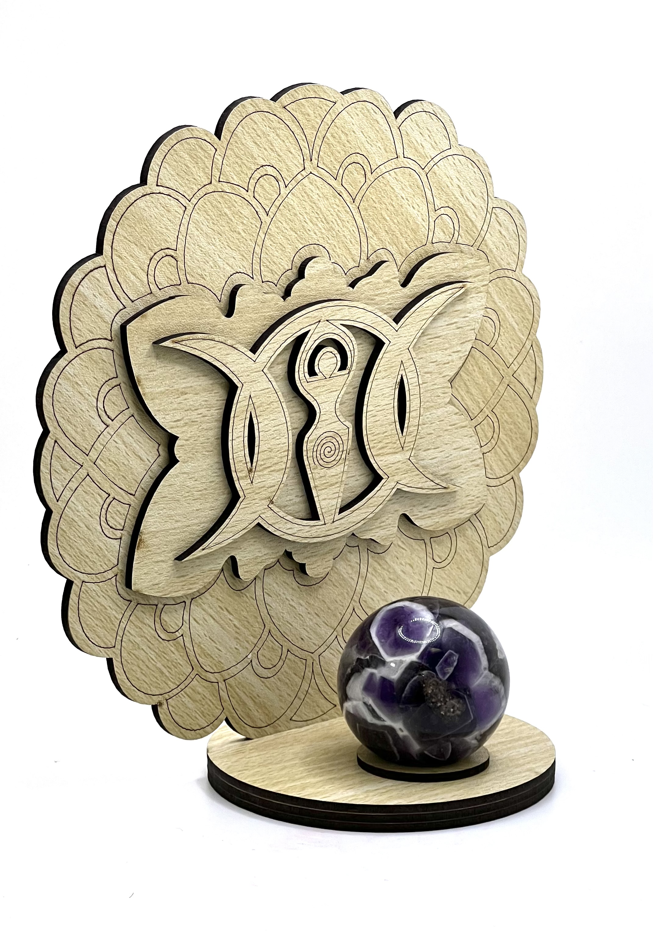 Wood Sphere Stand Mandala w/ Triple Moon Goddess 7"