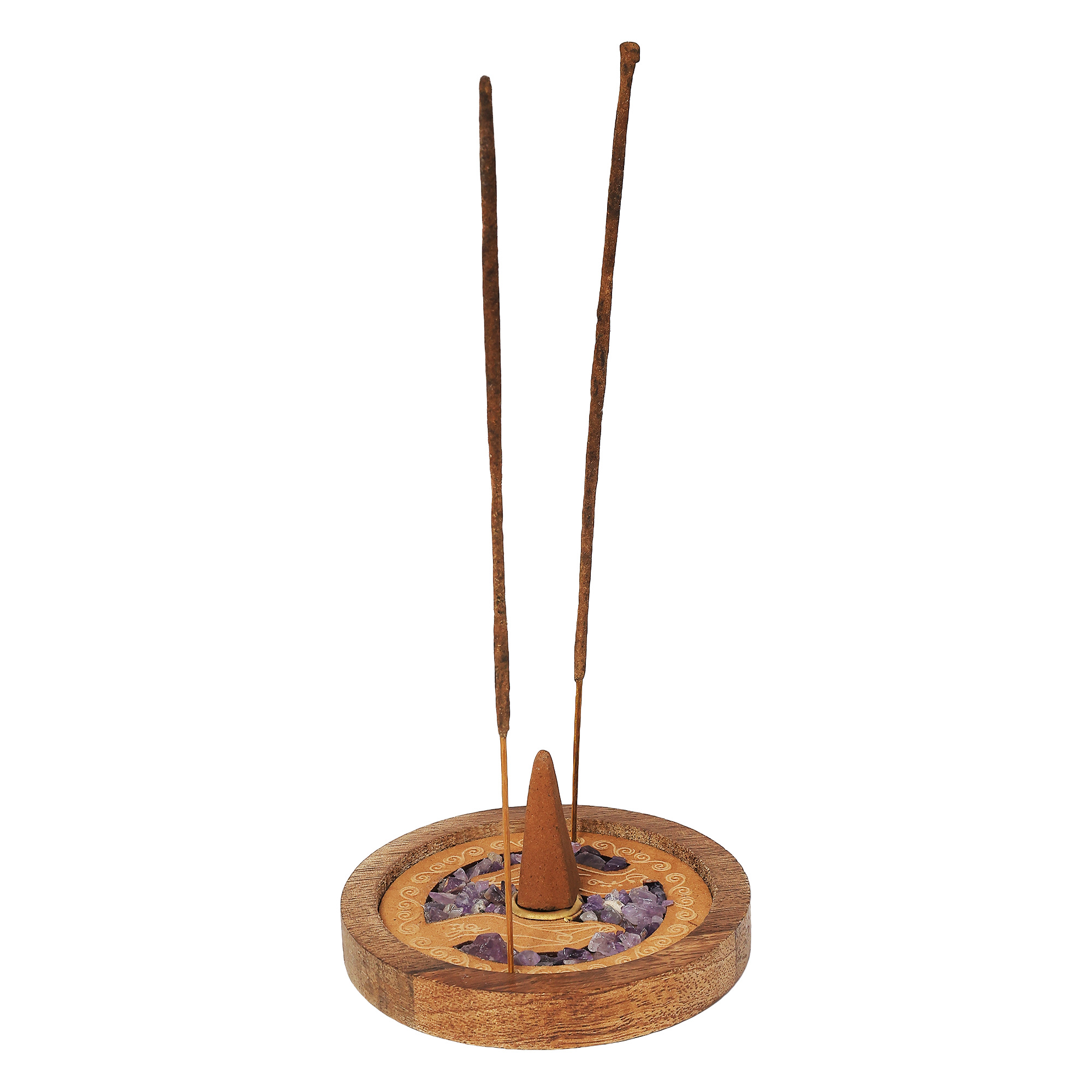 Wood Incense Holder Amethyst Healing Hands 3"