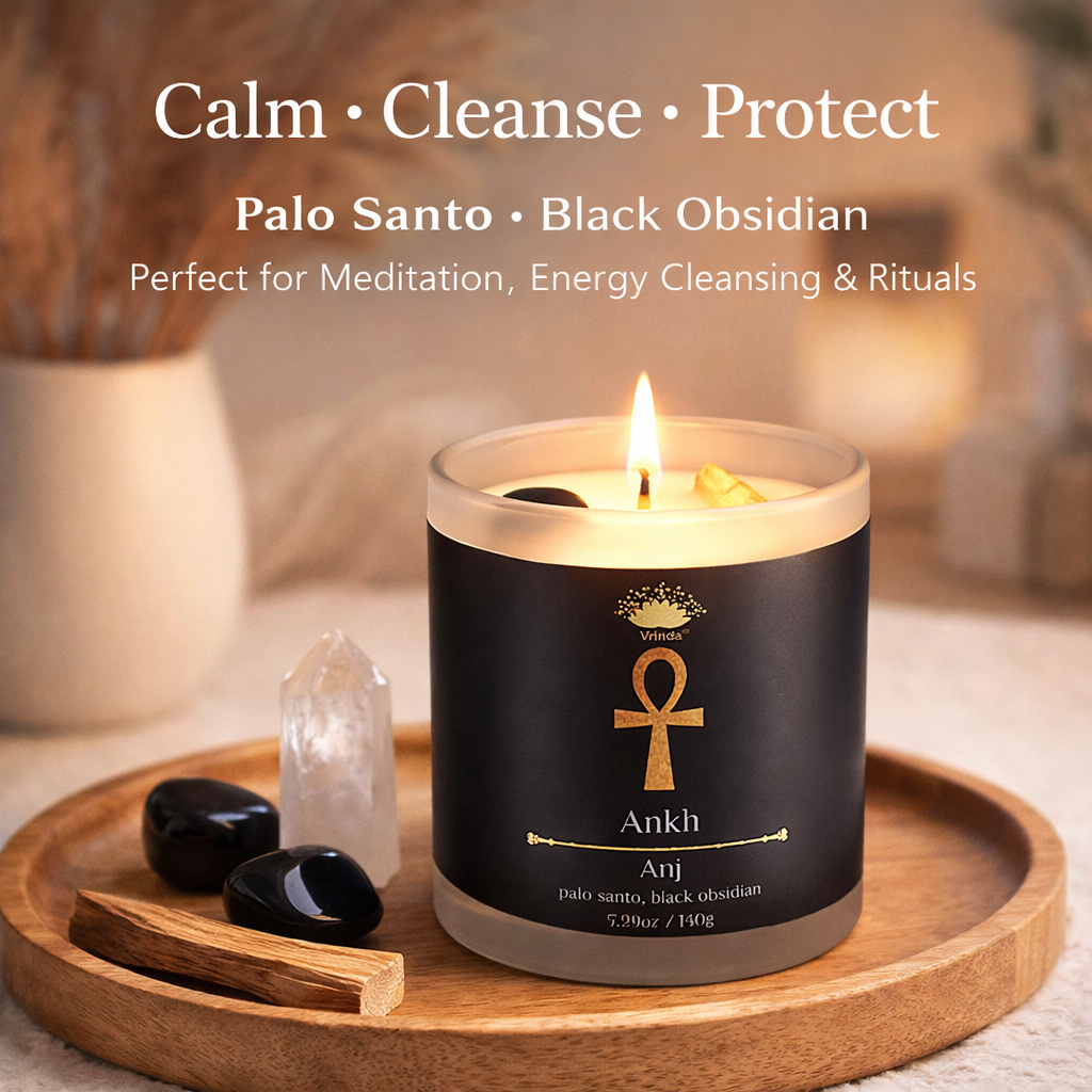 Ankh Scented glass candle with crystals, Soy Blend (5.29oz)