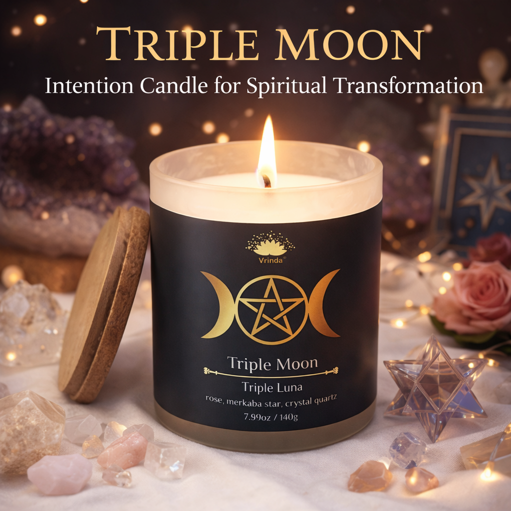 Triple Moon Scented glass candle with crystals, Soy Blend