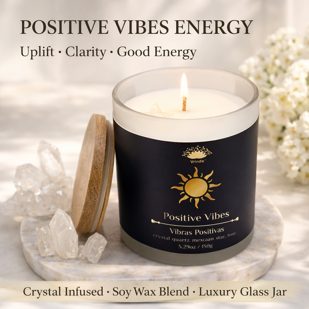 Positive Vibes Scented glass candle with crystals, Soy Blend