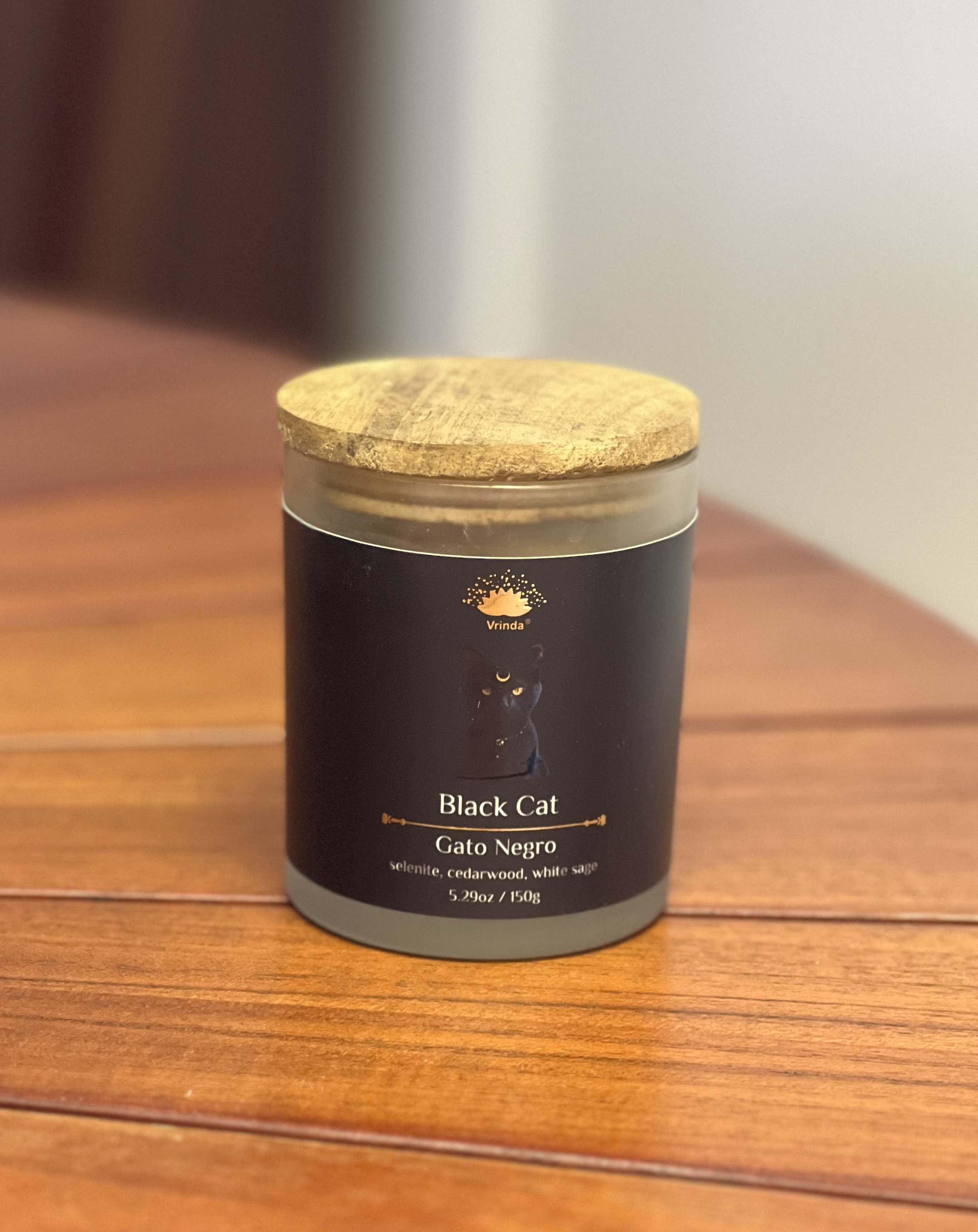 Black Cat Scented glass candle with crystals, Soy Blend