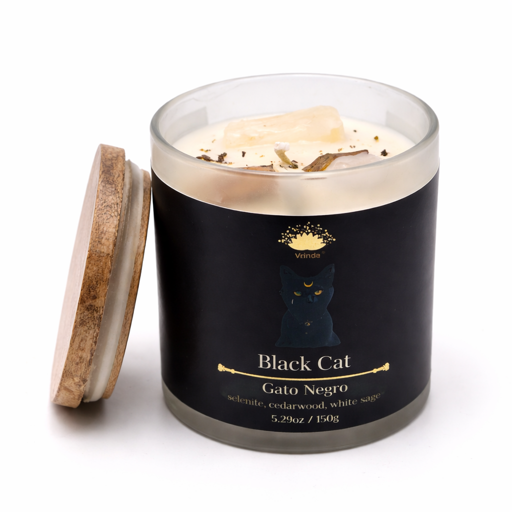 Black Cat Scented glass candle with crystals, Soy Blend (5.29oz)
