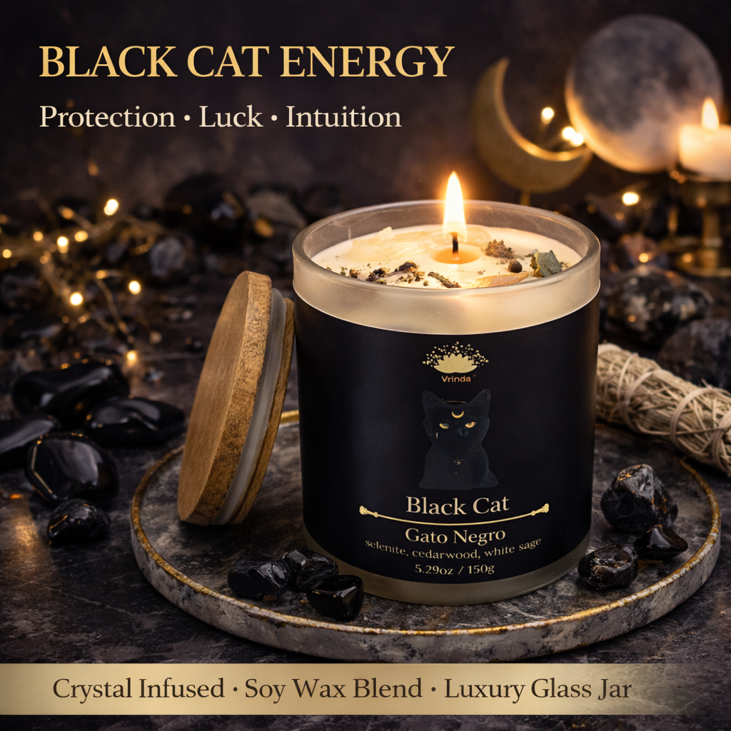 Black Cat Scented glass candle with crystals, Soy Blend