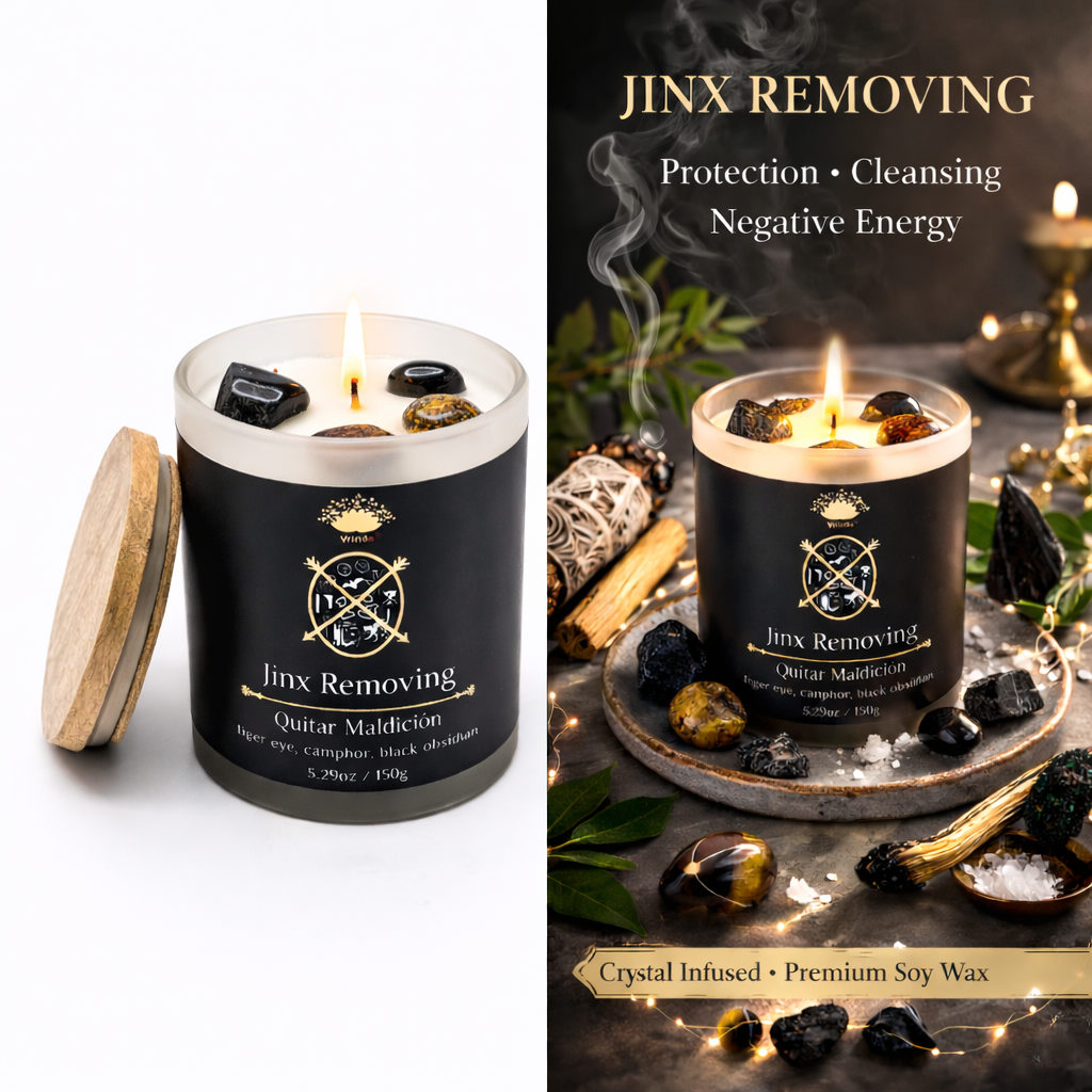 Jinx Removing Scented glass candle with crystals, Soy Blend (5.29oz)