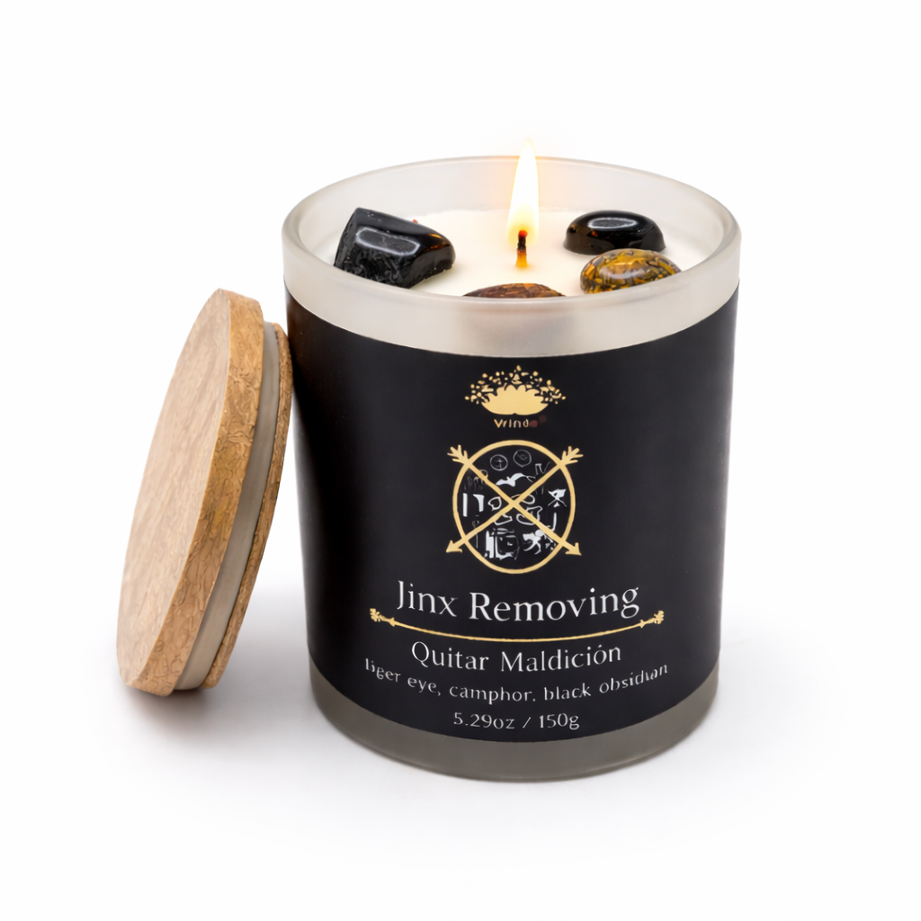 Jinx Removing Scented glass candle with crystals, Soy Blend (5.29oz)