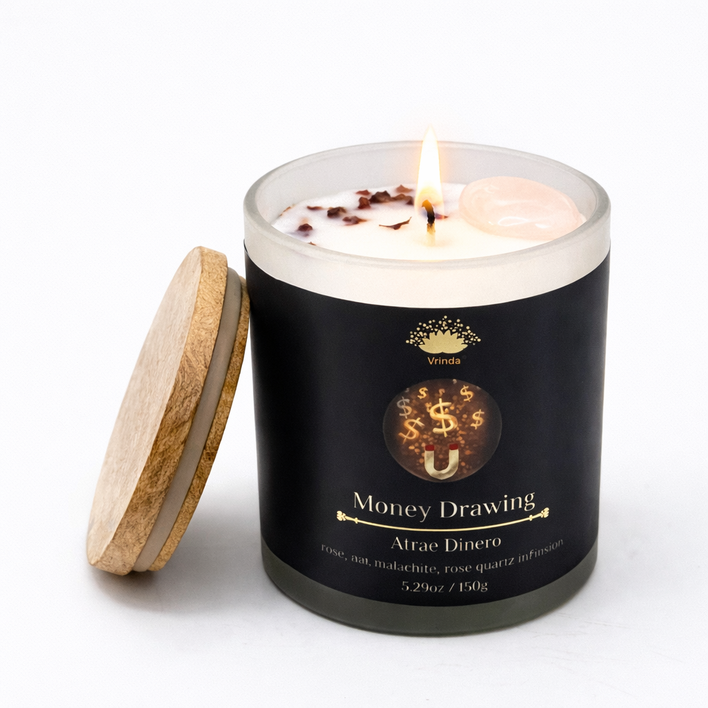 Money Drawing Scented glass candle with crystals, Soy Blend (5.29oz)