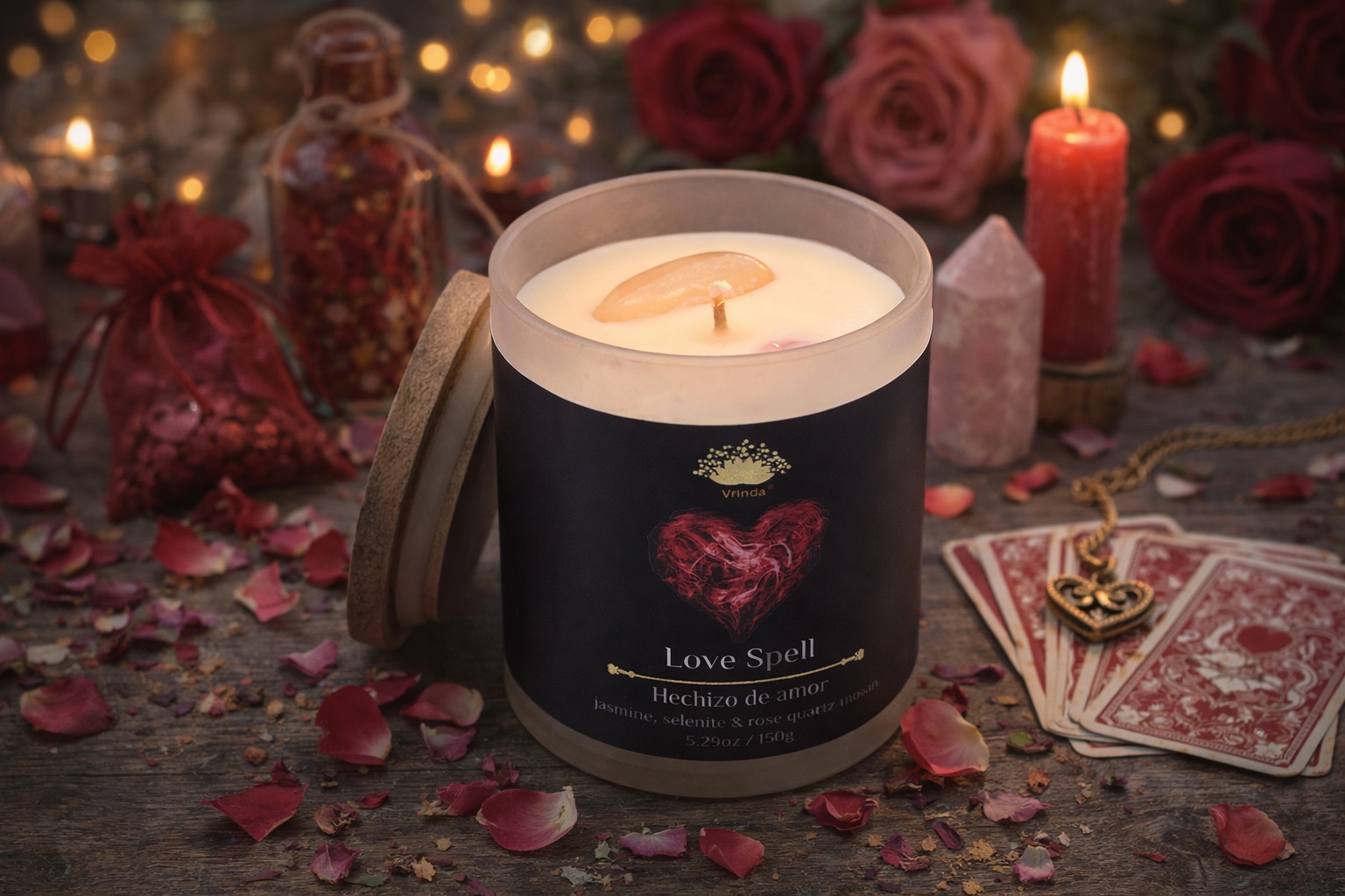 Love Spell Scented glass candle with crystals, Soy Blend