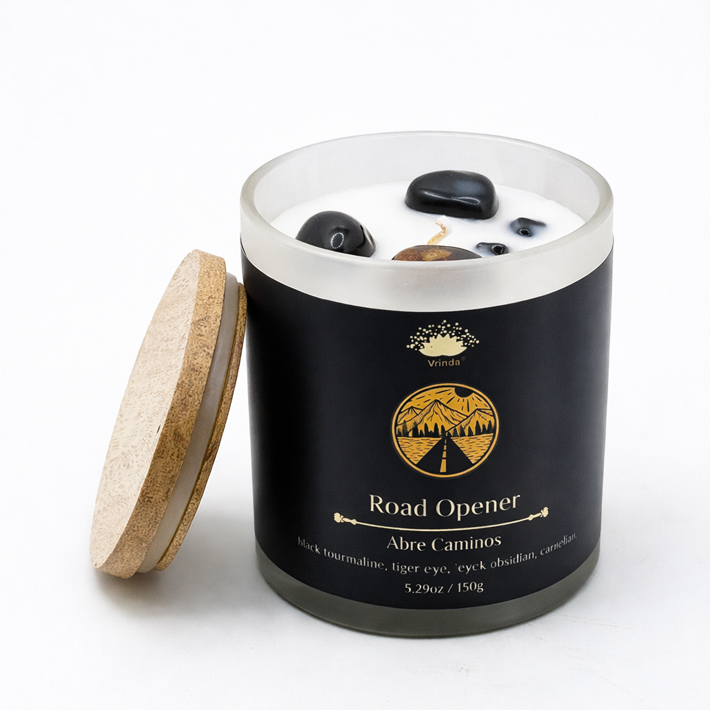 Road Opener Scented glass candle with crystals, Soy Blend (5.29oz)