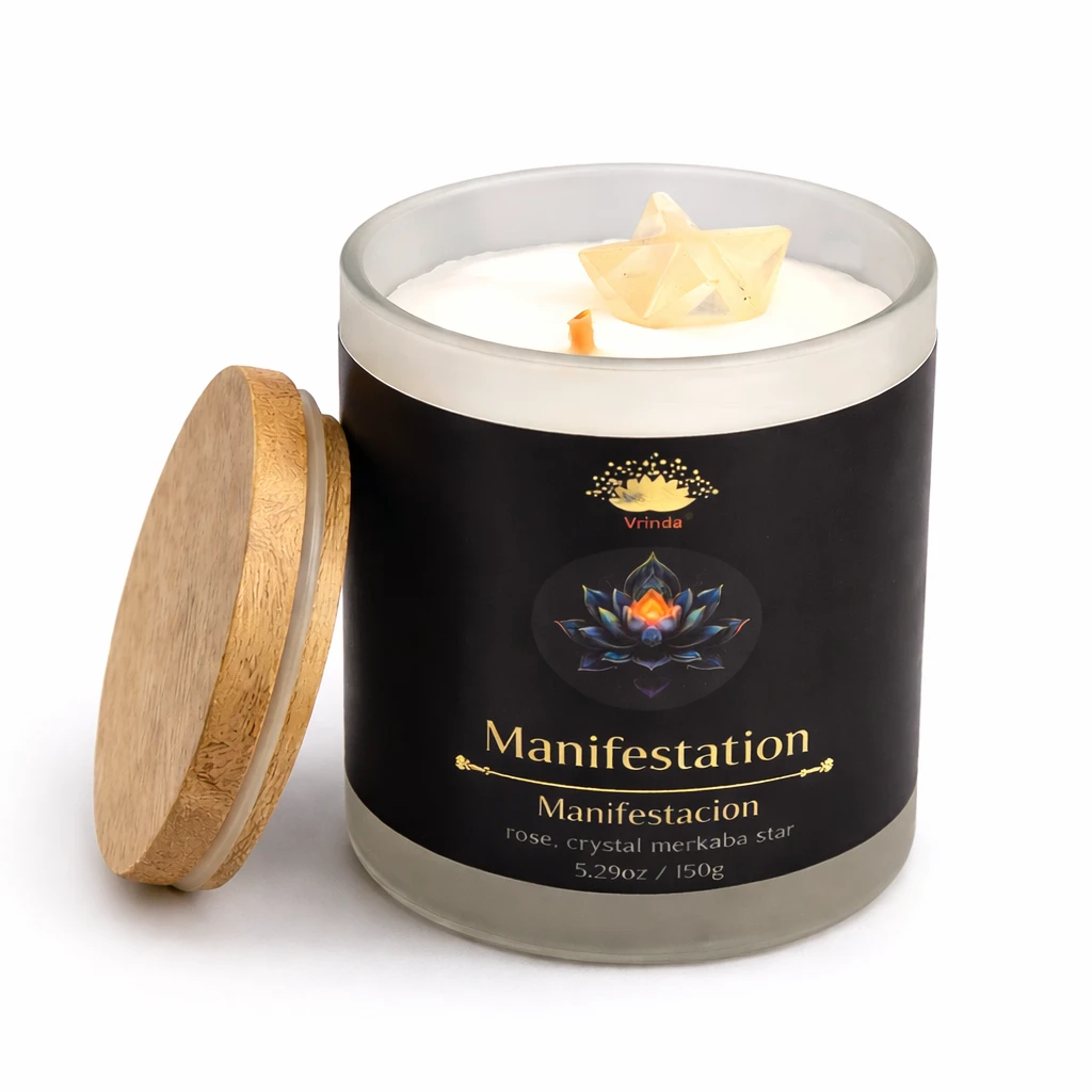 Manifestation Scented glass candle with crystals, Soy Blend