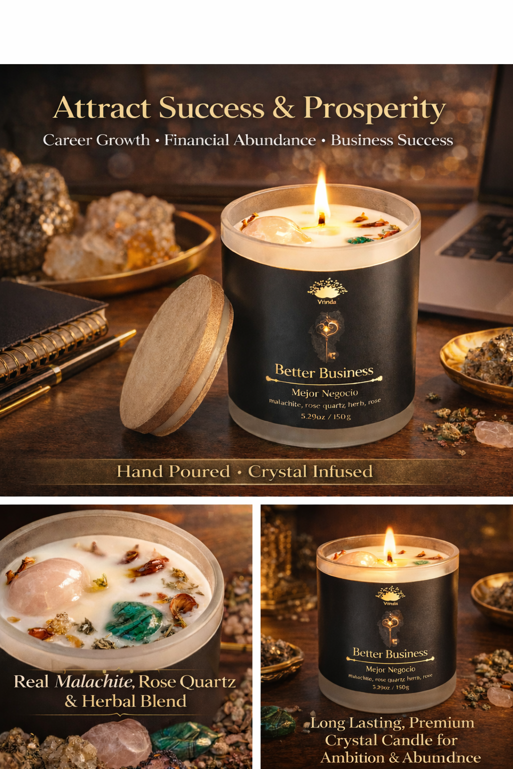 Better Business Scented glass candle with crystals, Soy Blend